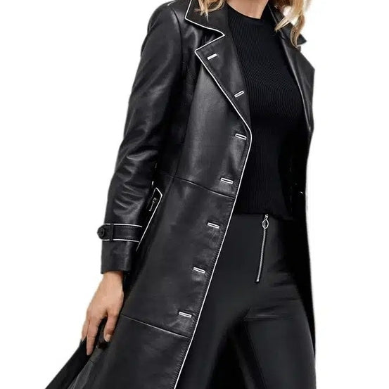 Sharon Black Stylish Leather Coat With Center Belted