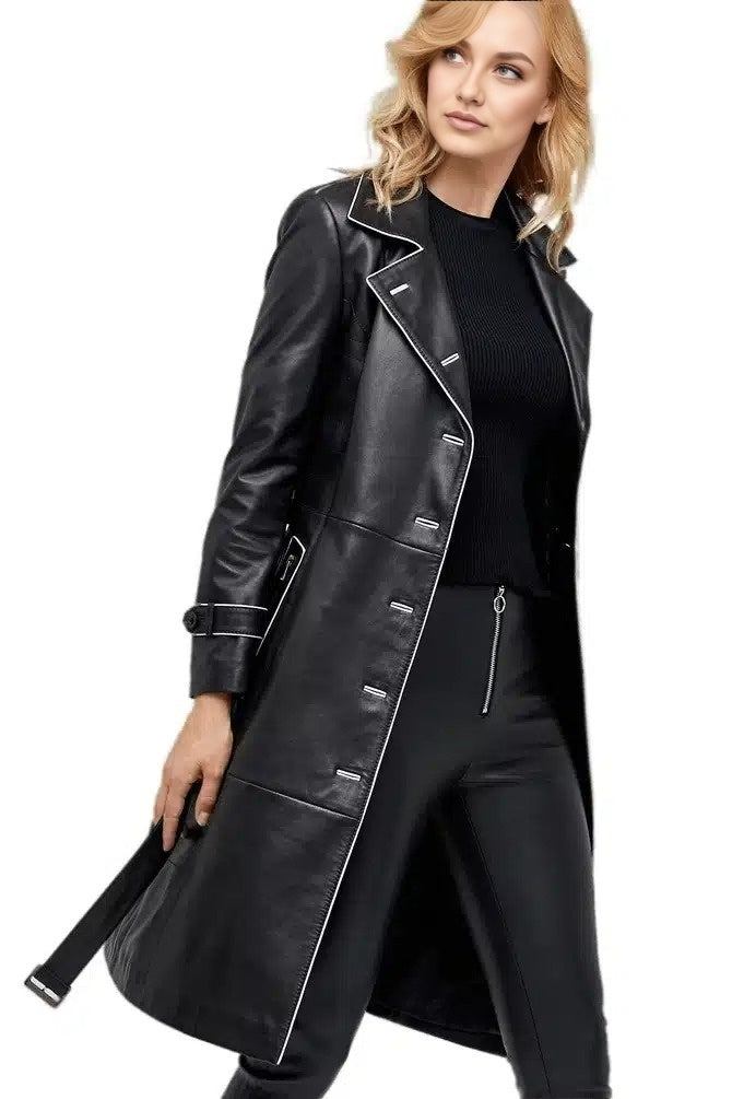 Sharon Black Stylish Leather Coat With Center Belted