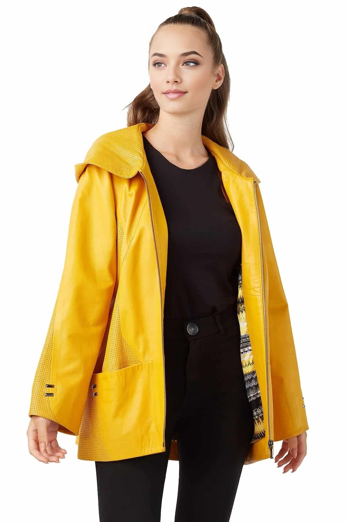 Violet Yellow Leather Coat For Women