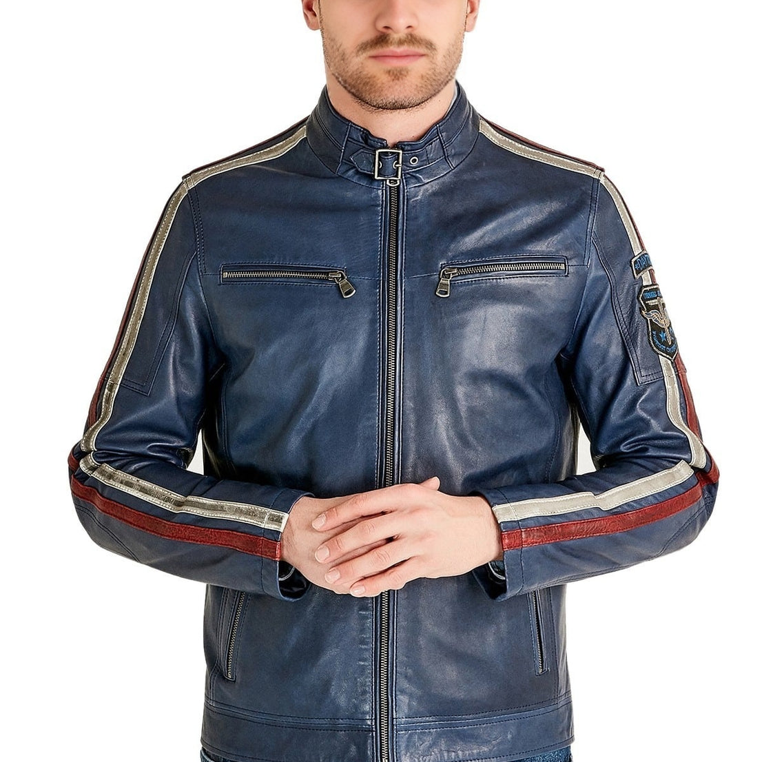 Austin Blue Red And White Stripes Leather Jacket For Men