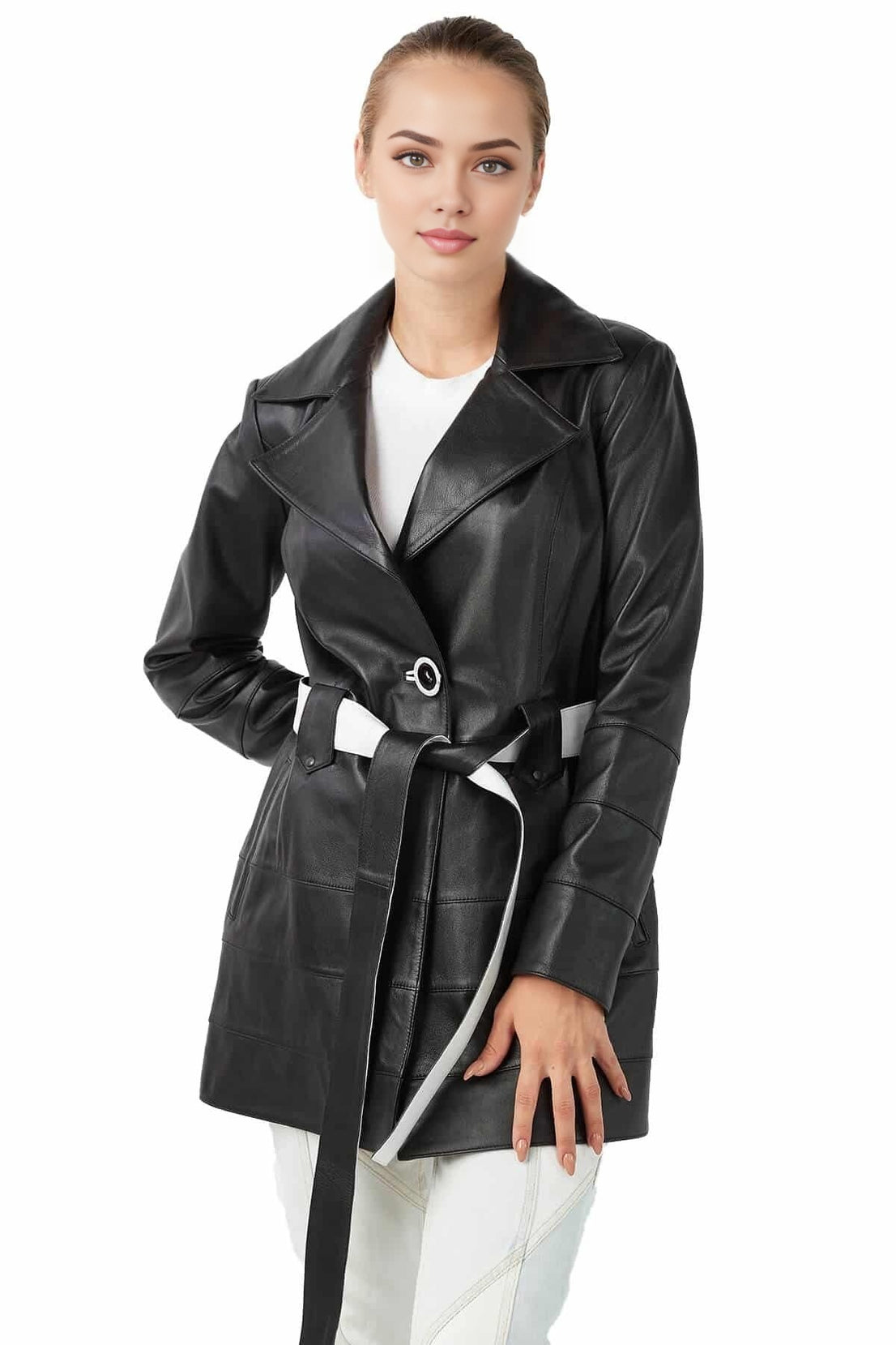 Gianna Black Trench Leather Coat For Women