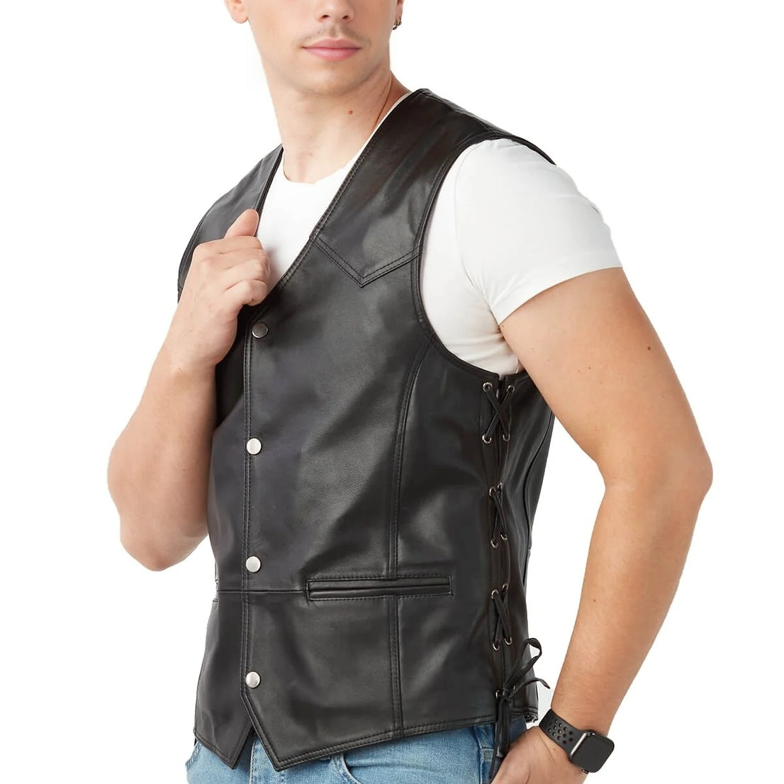 Caleb Black Leather Vest For Men