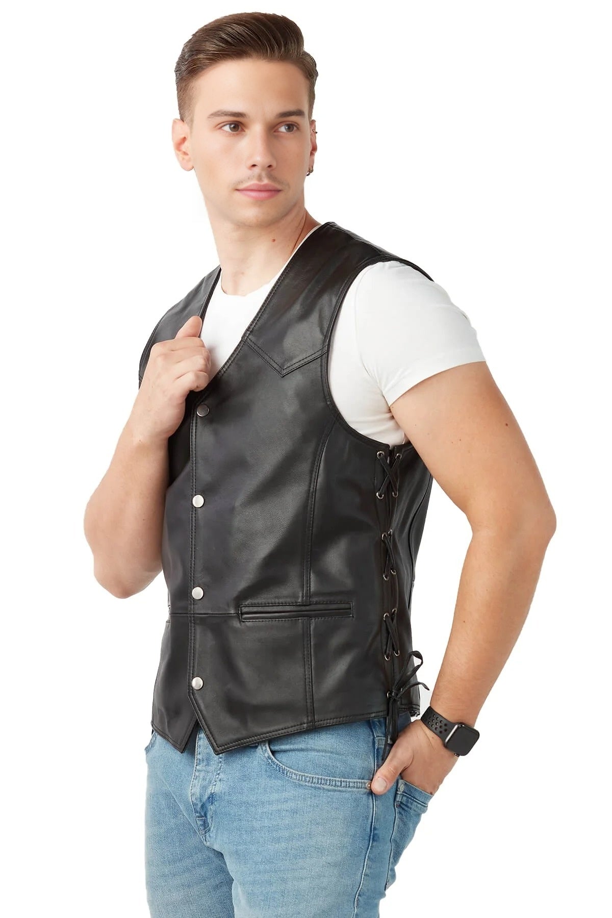 Caleb Black Leather Vest For Men