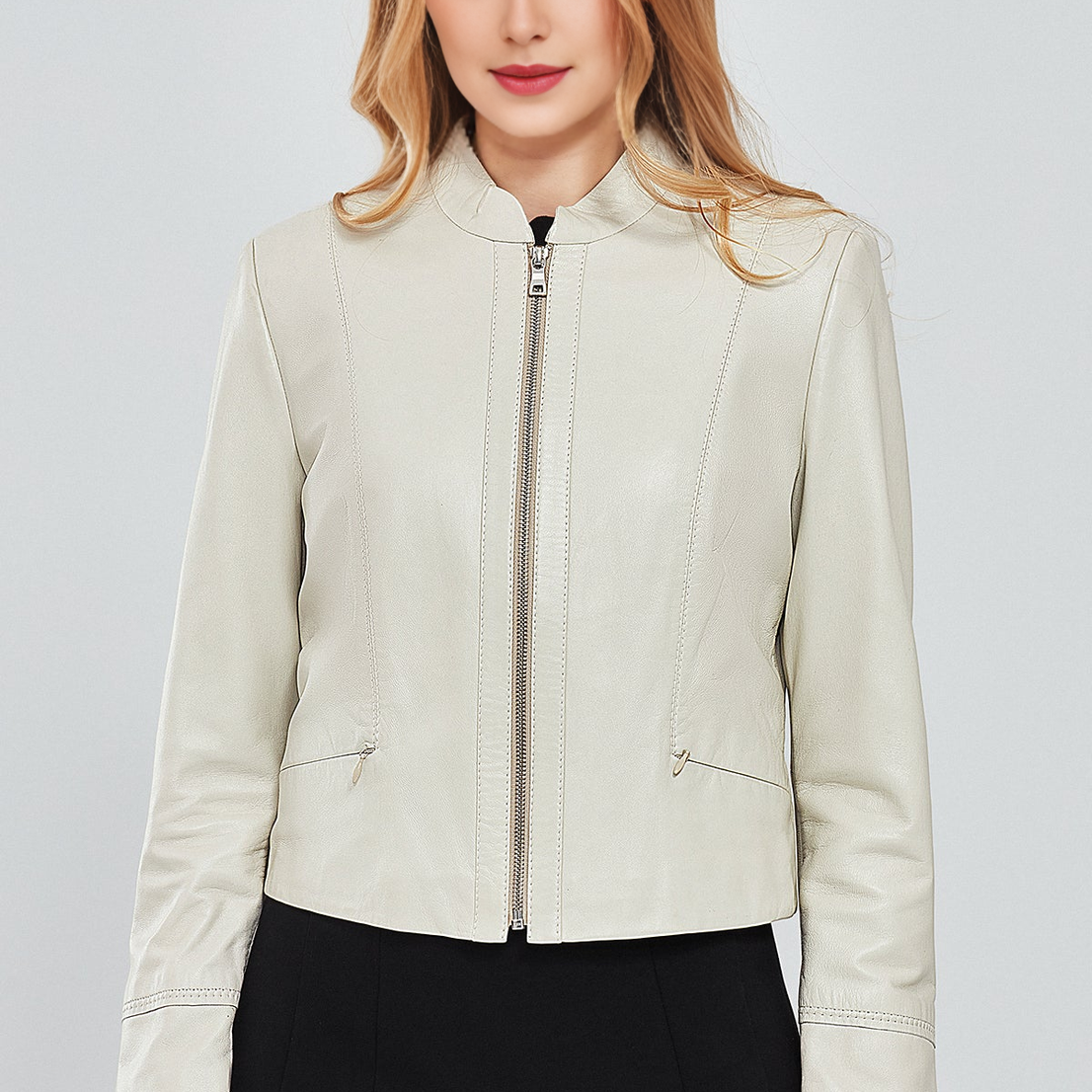 Viola Beige Short Leather Jacket For Women