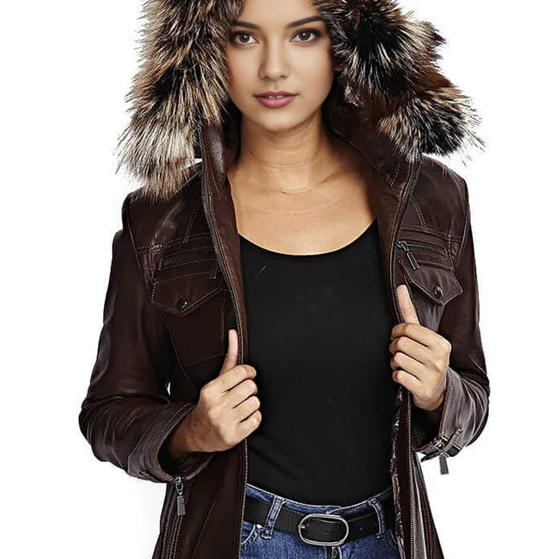 Acacia Dark Brown Fur Hood Leather Jacket For Women