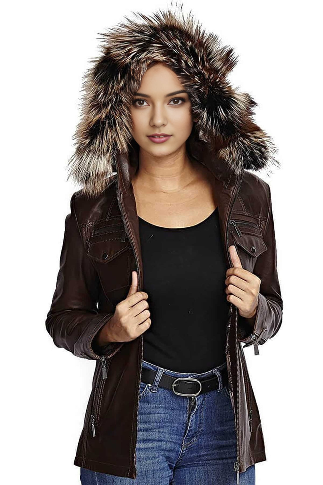 Acacia Dark Brown Fur Hood Leather Jacket For Women