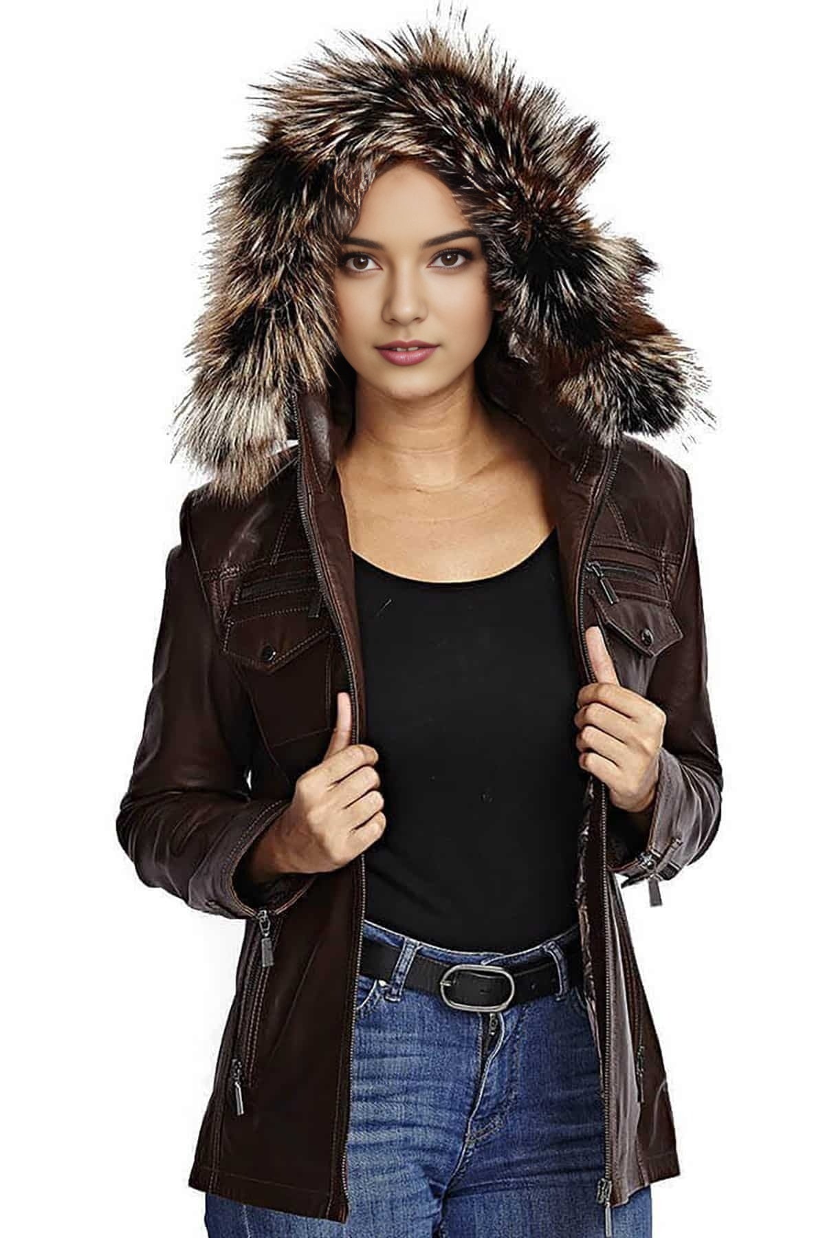 Acacia Dark Brown Fur Hood Leather Jacket For Women