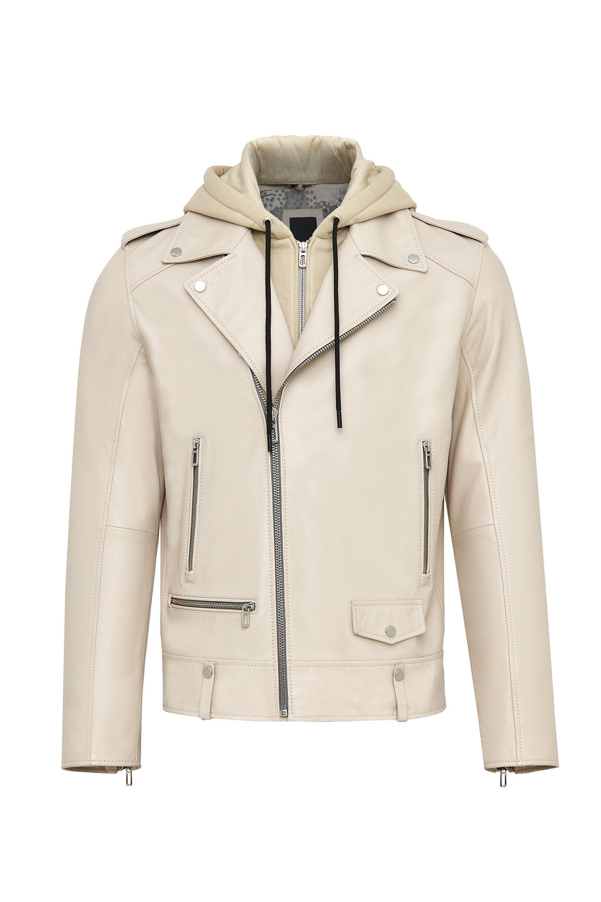 Butler Beige Hooded Biker Leather Jacket for Men