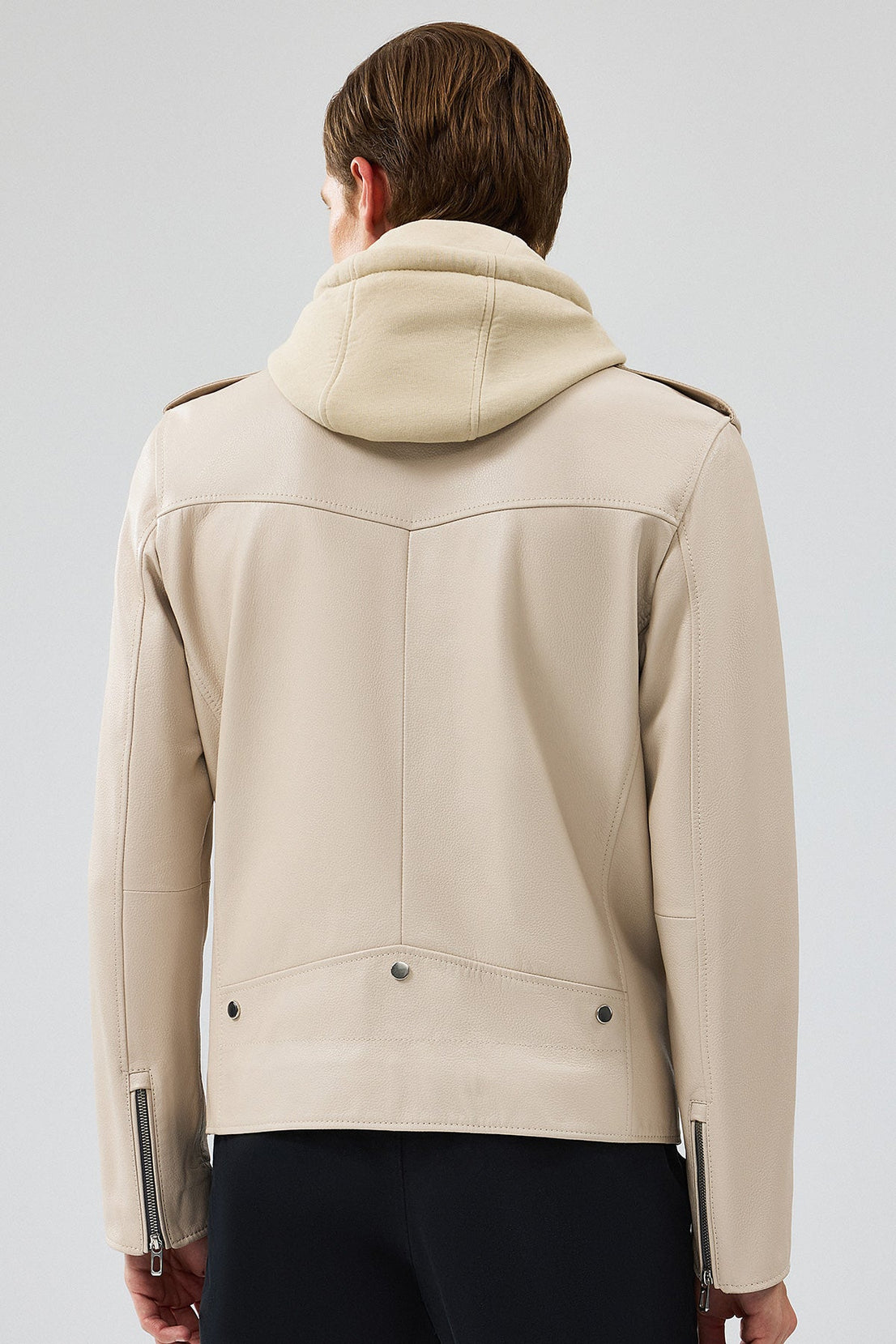 Butler Beige Hooded Biker Leather Jacket for Men