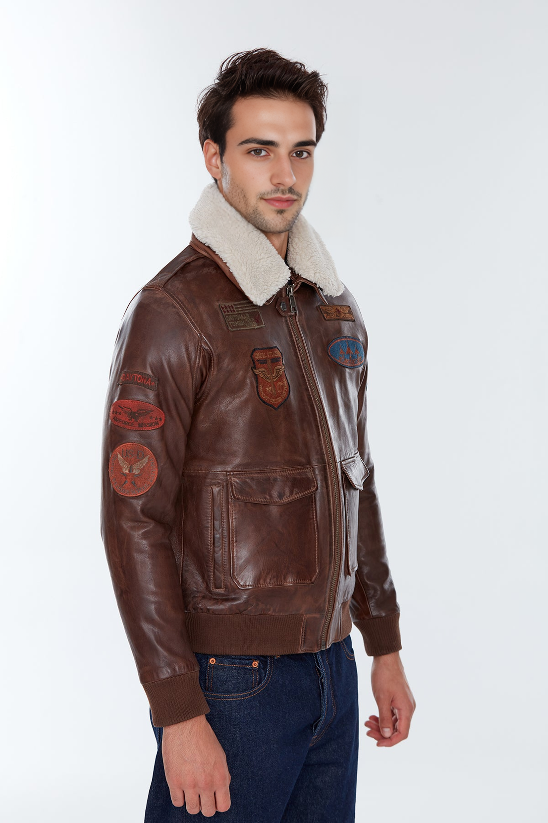 Maverick Brown Fur Collar Pilot Leather Jacket with Emblem For Men