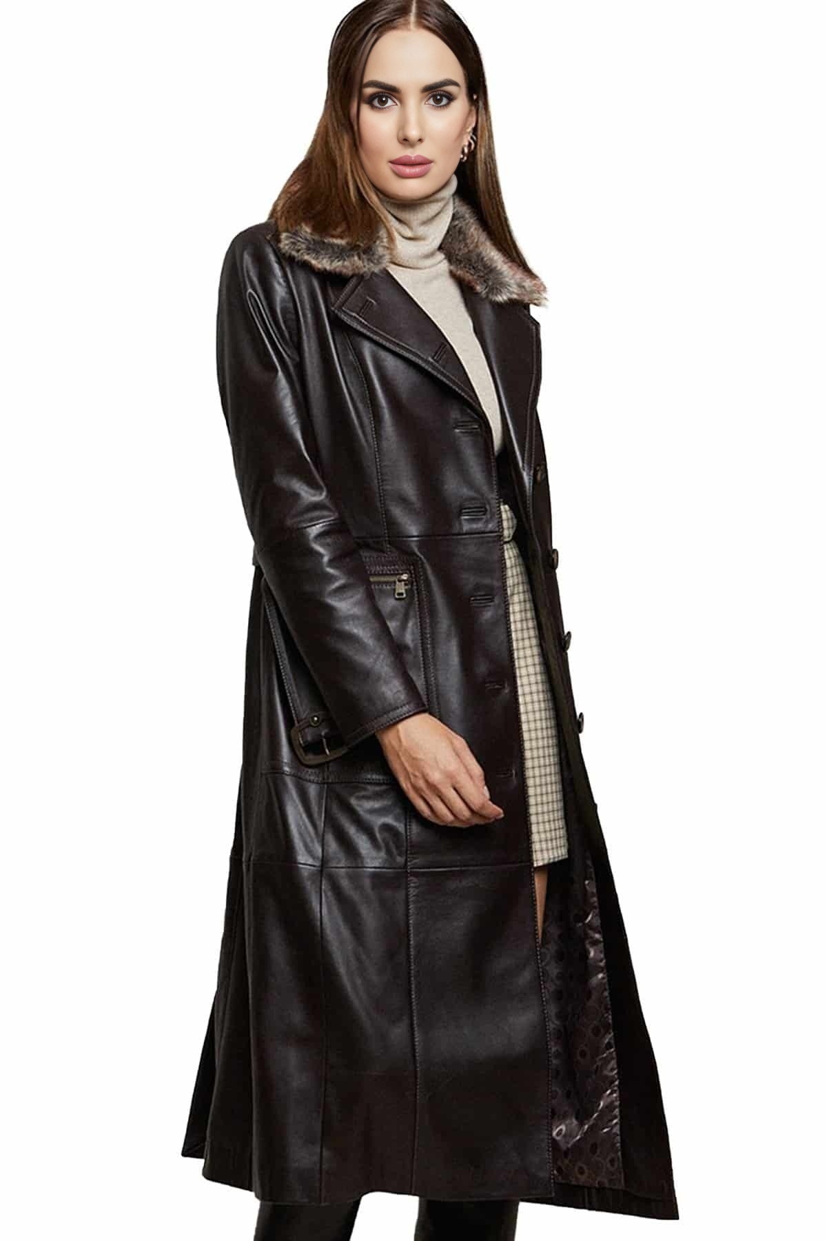 Reagan Dark Brown Full Length Leather Coat For Women