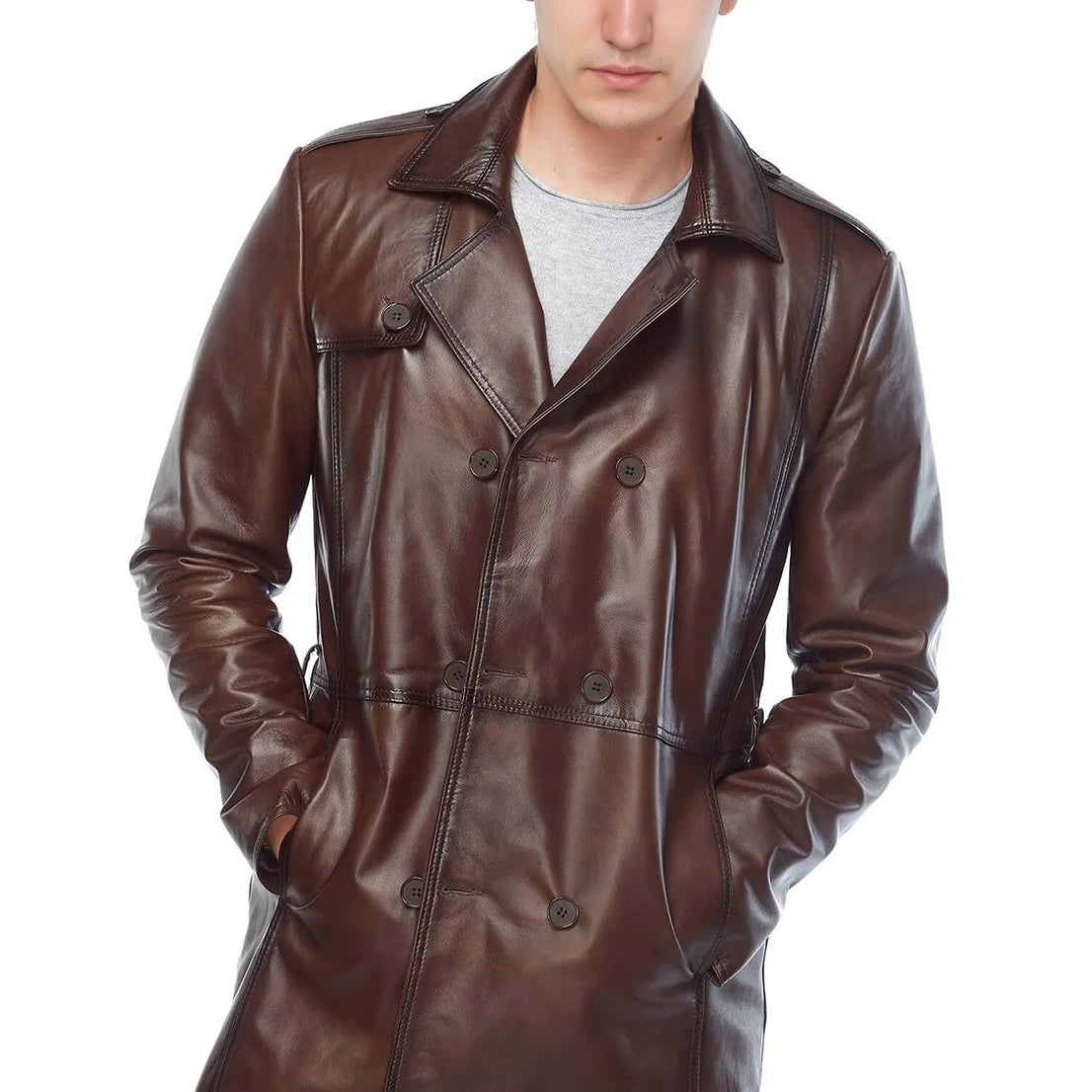 Nathan Brown Trench Leather Coat For Men