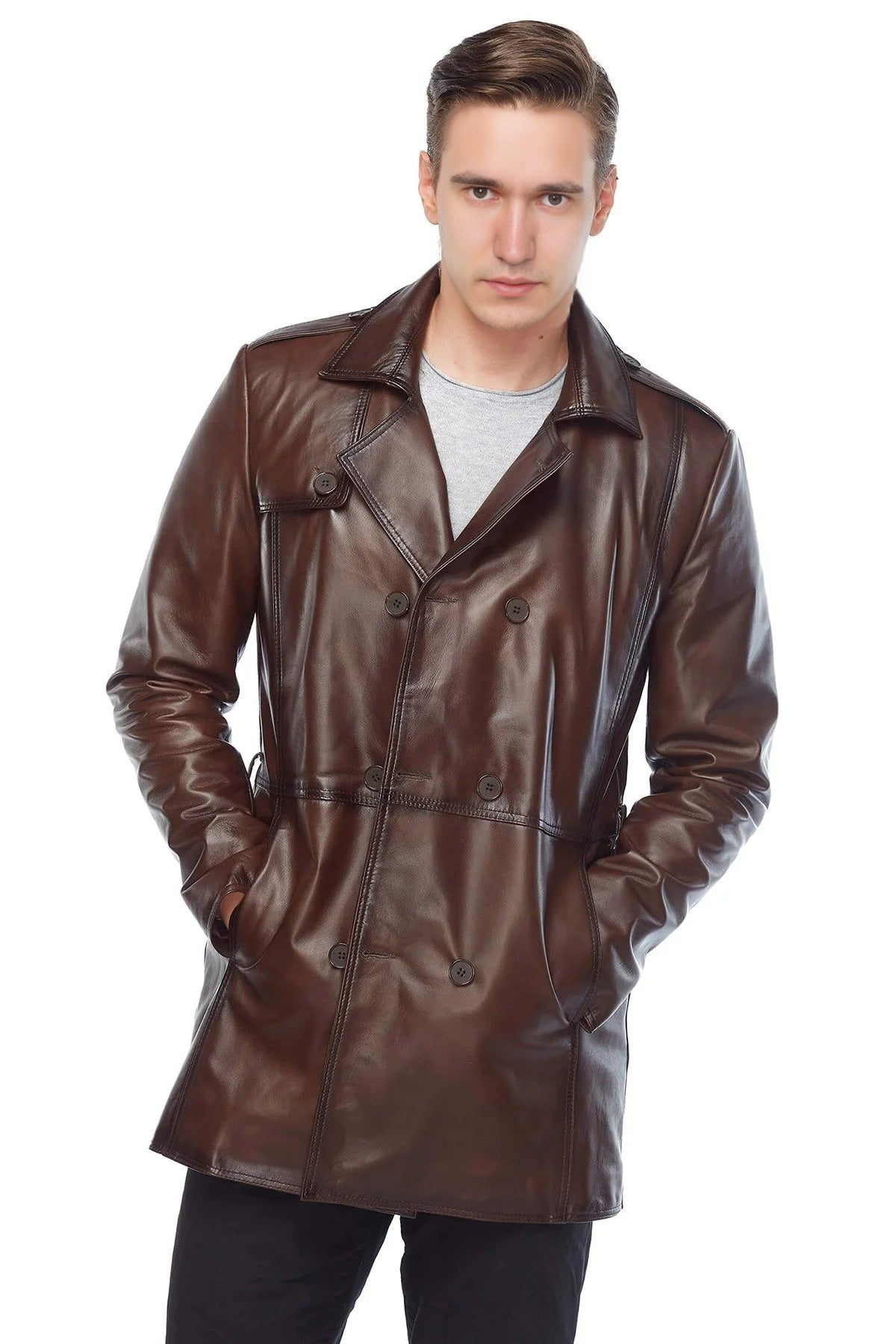 Nathan Brown Trench Leather Coat For Men