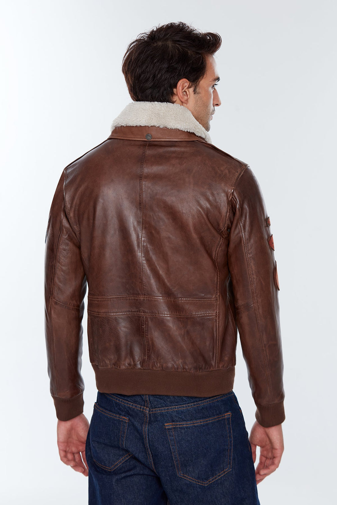 Maverick Brown Fur Collar Pilot Leather Jacket with Emblem For Men