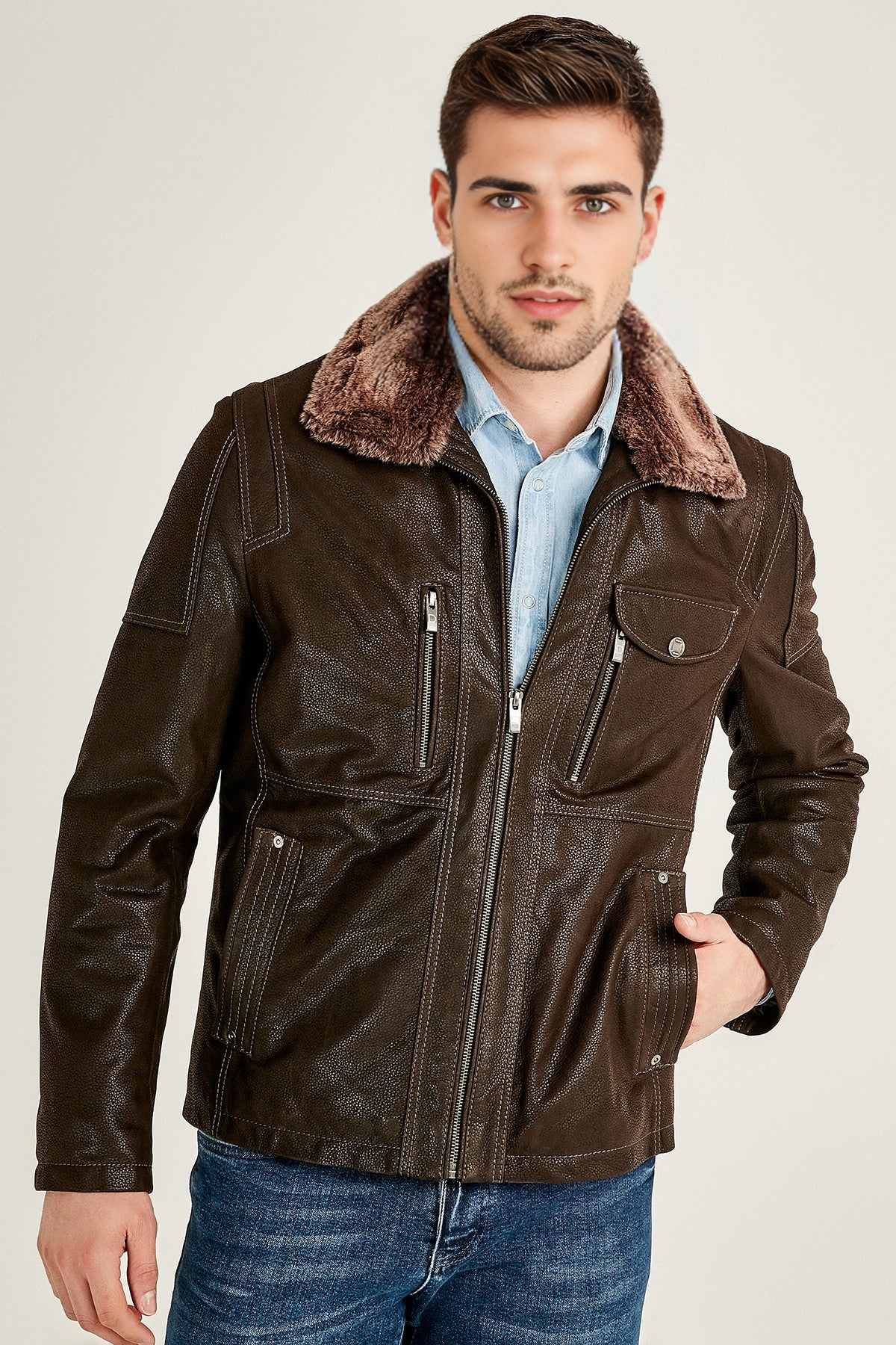 Angelo Men's Brown Fur Collar Leather Jacket For Men