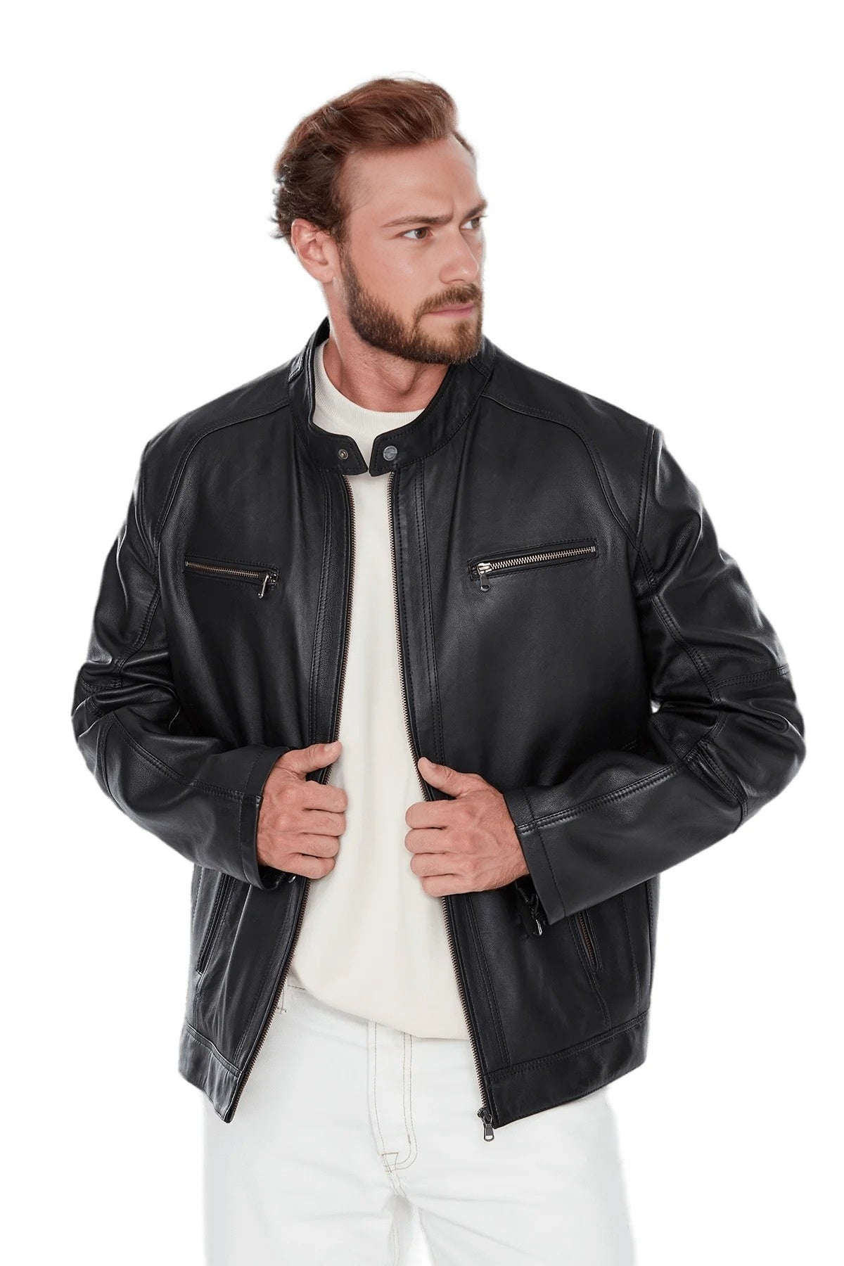 Charles Black Biker Leather Jacket For Men