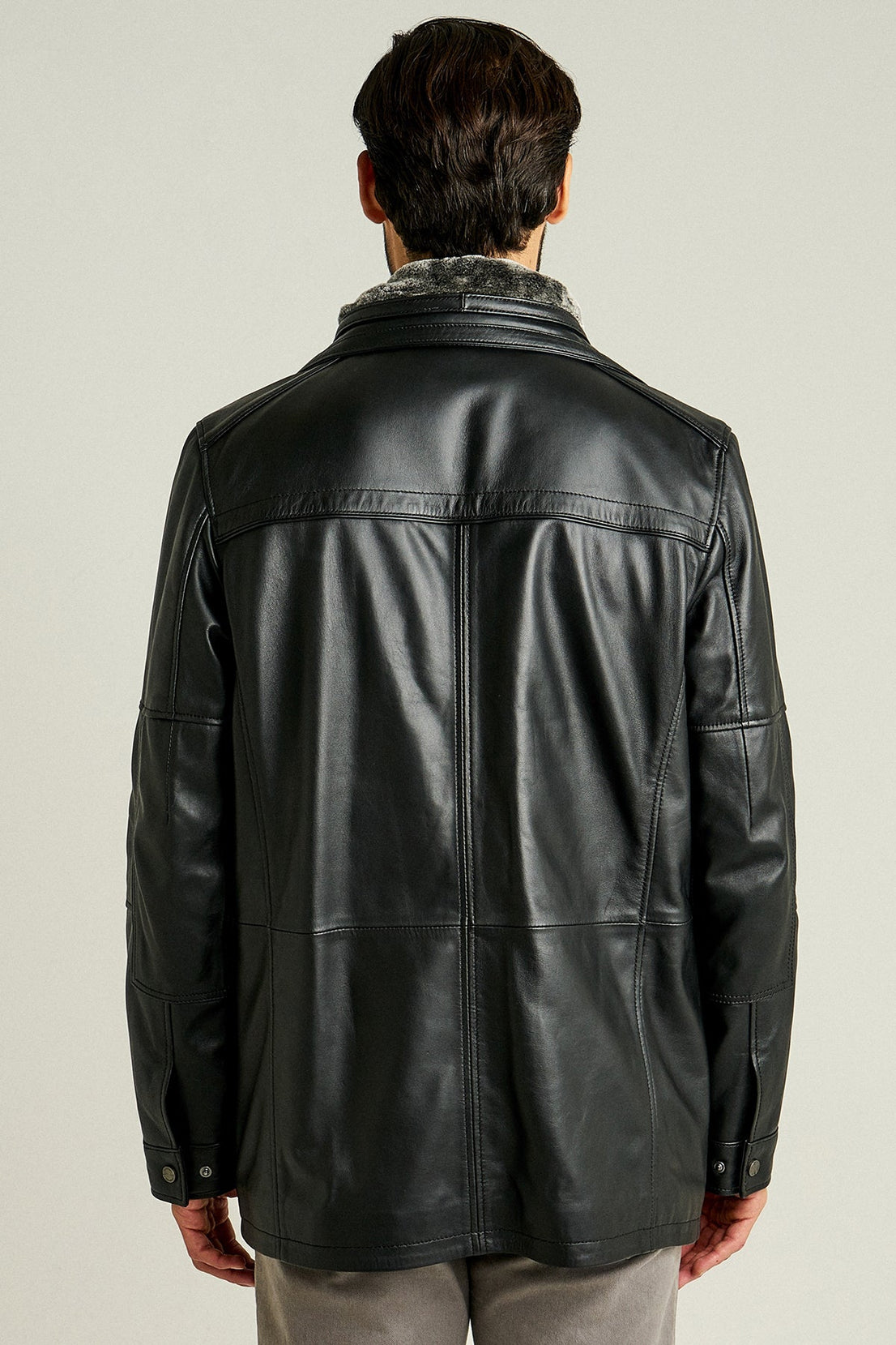 Eduardo Black Double Collar Furry Leather Coat For Men