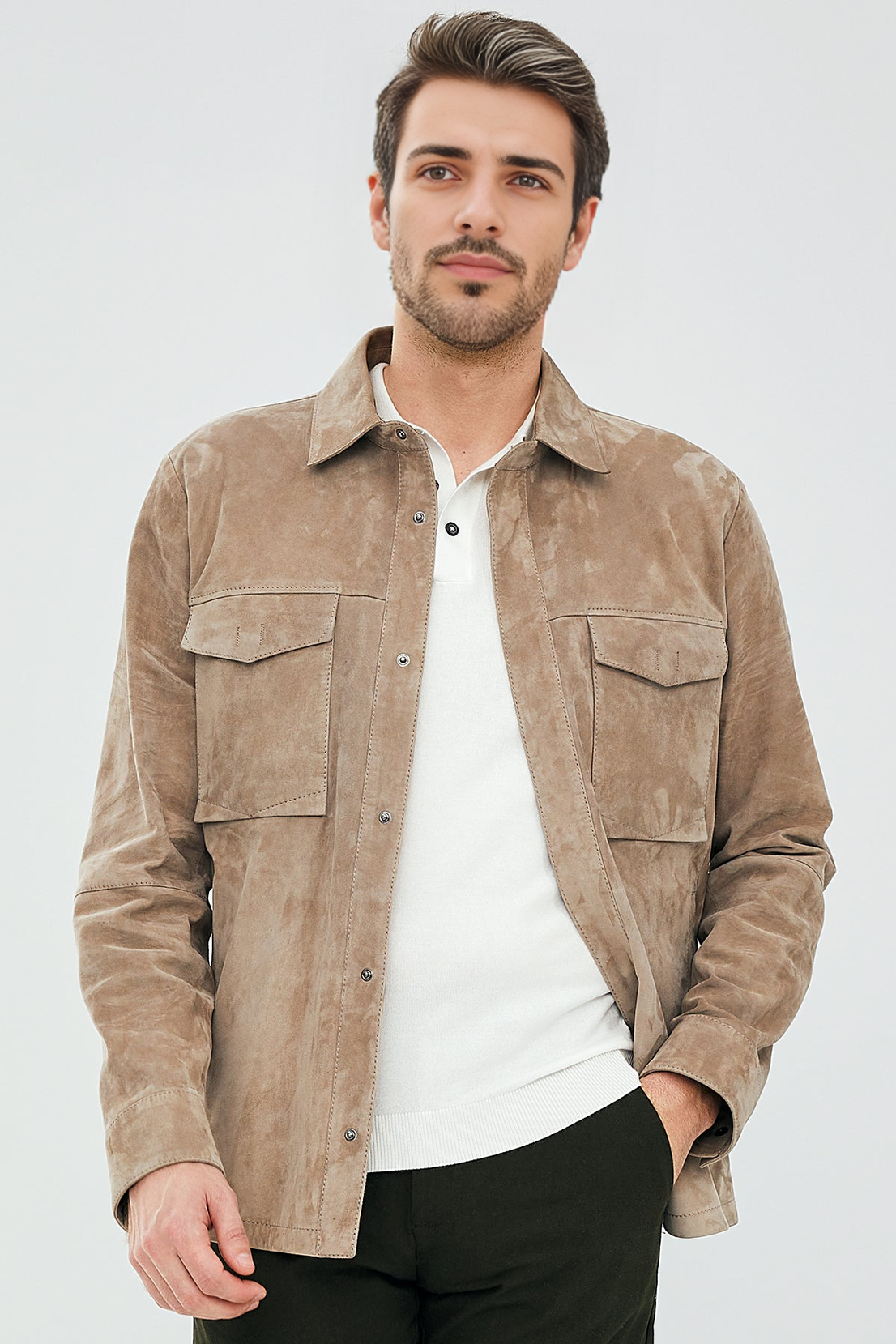 Navas Beige Shirt Style Suede Leather Jacket For Men