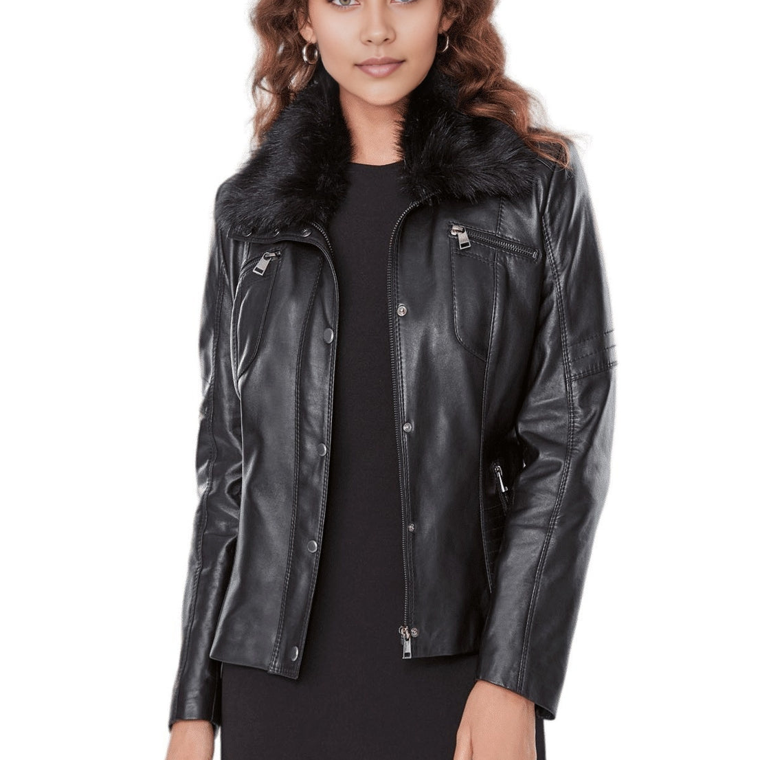 Noelle Black Fur Collar Leather Jacket For Women