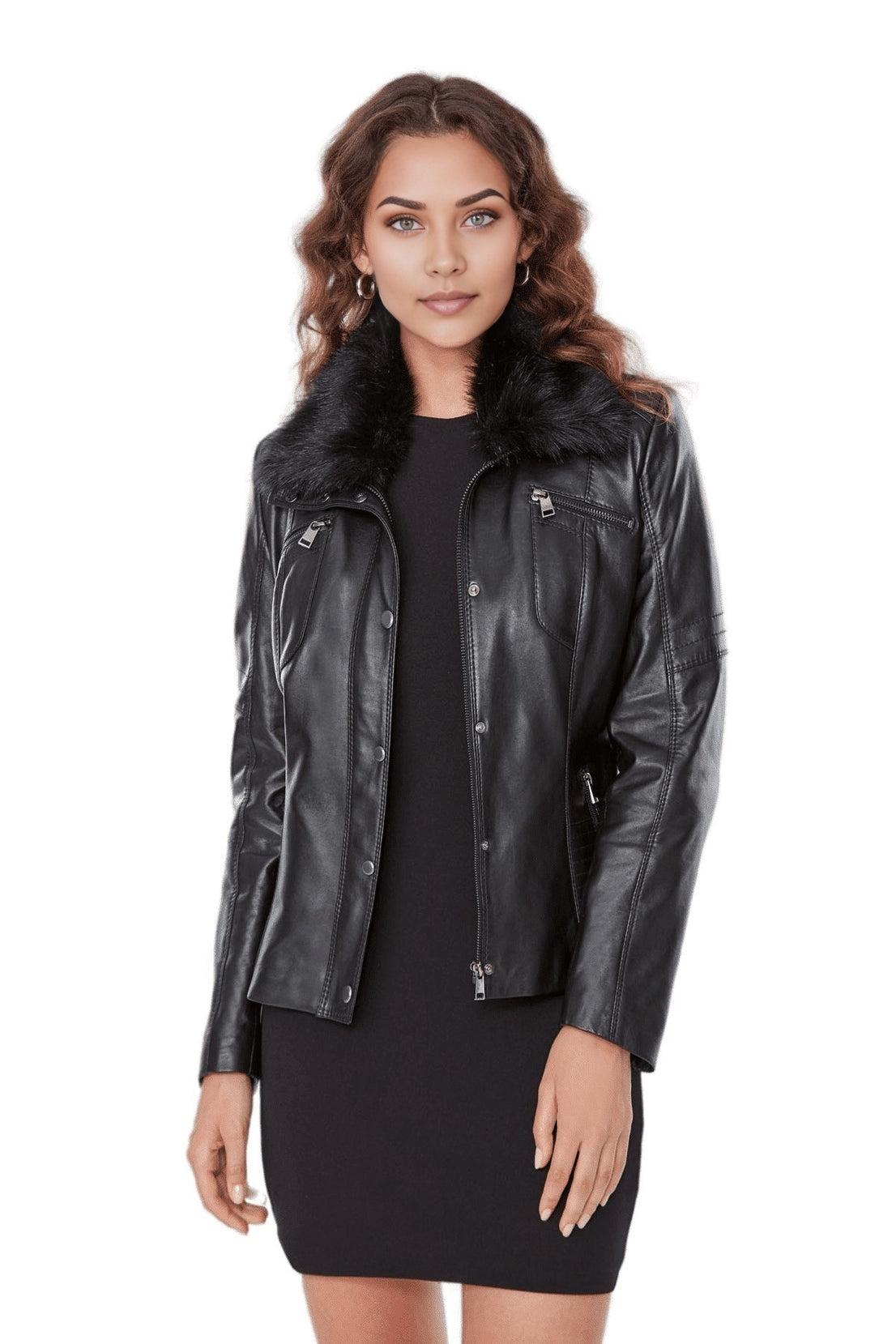 Noelle Black Fur Collar Leather Jacket For Women