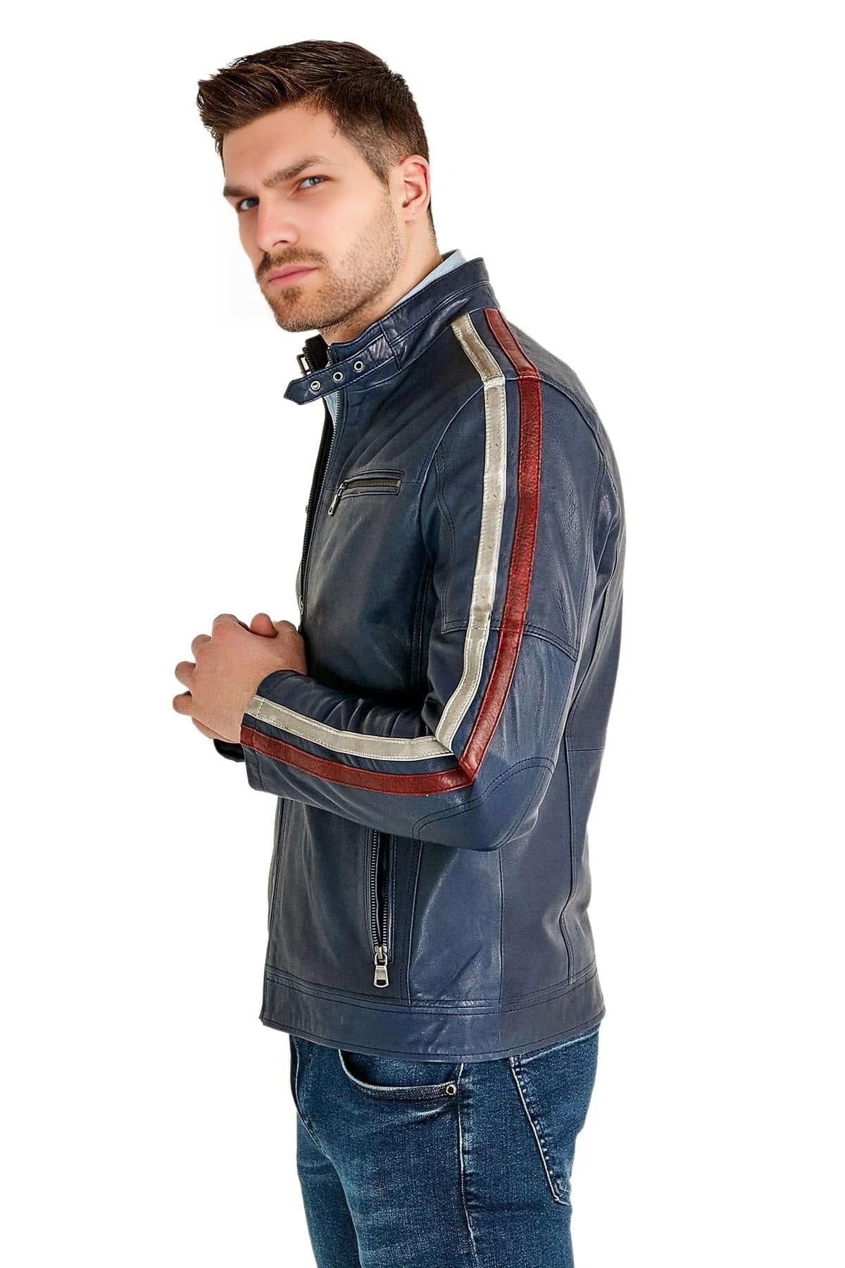 Austin Blue Red And White Stripes Leather Jacket For Men