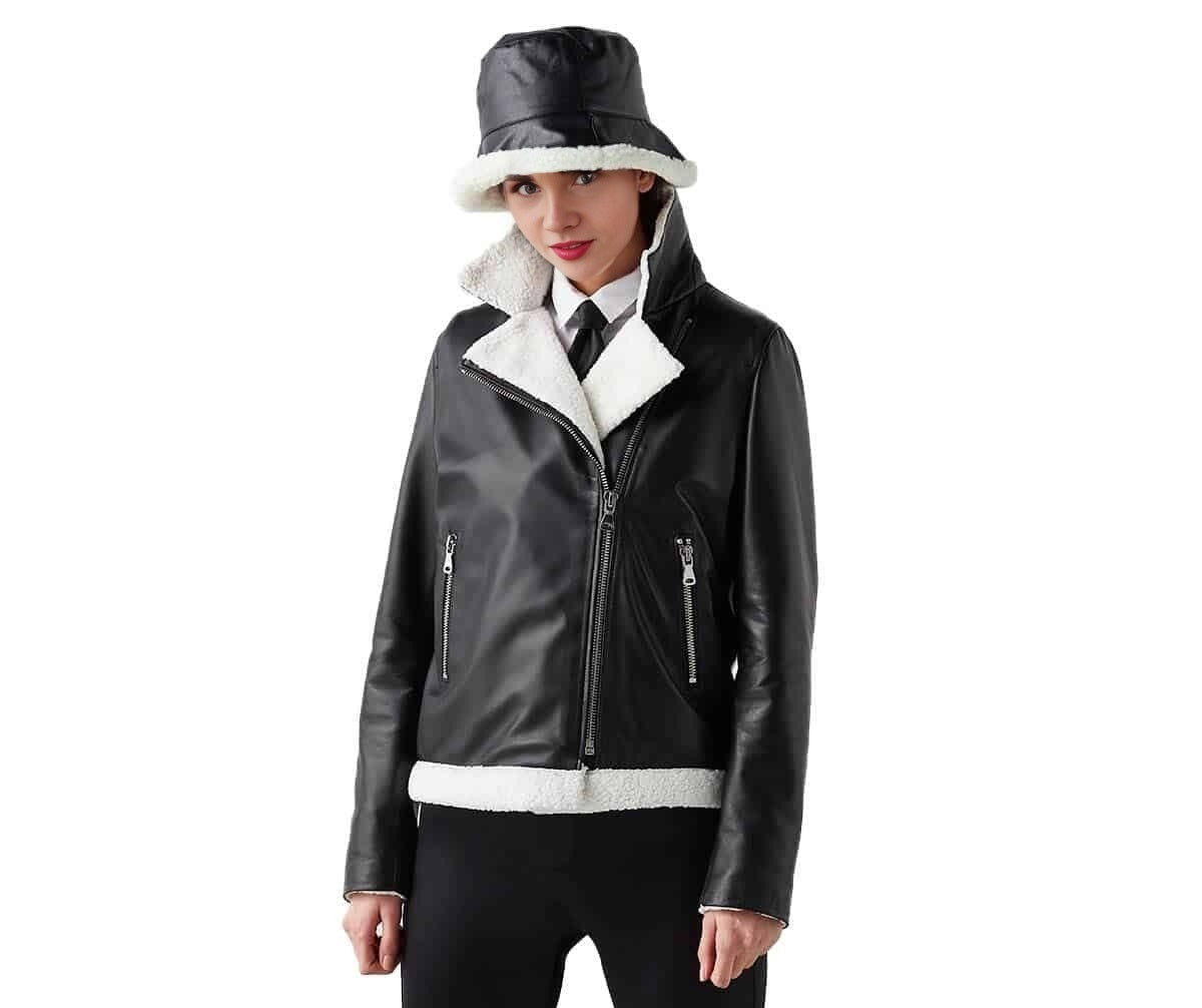 Annie Black Leather Jacket With White Fur For Women