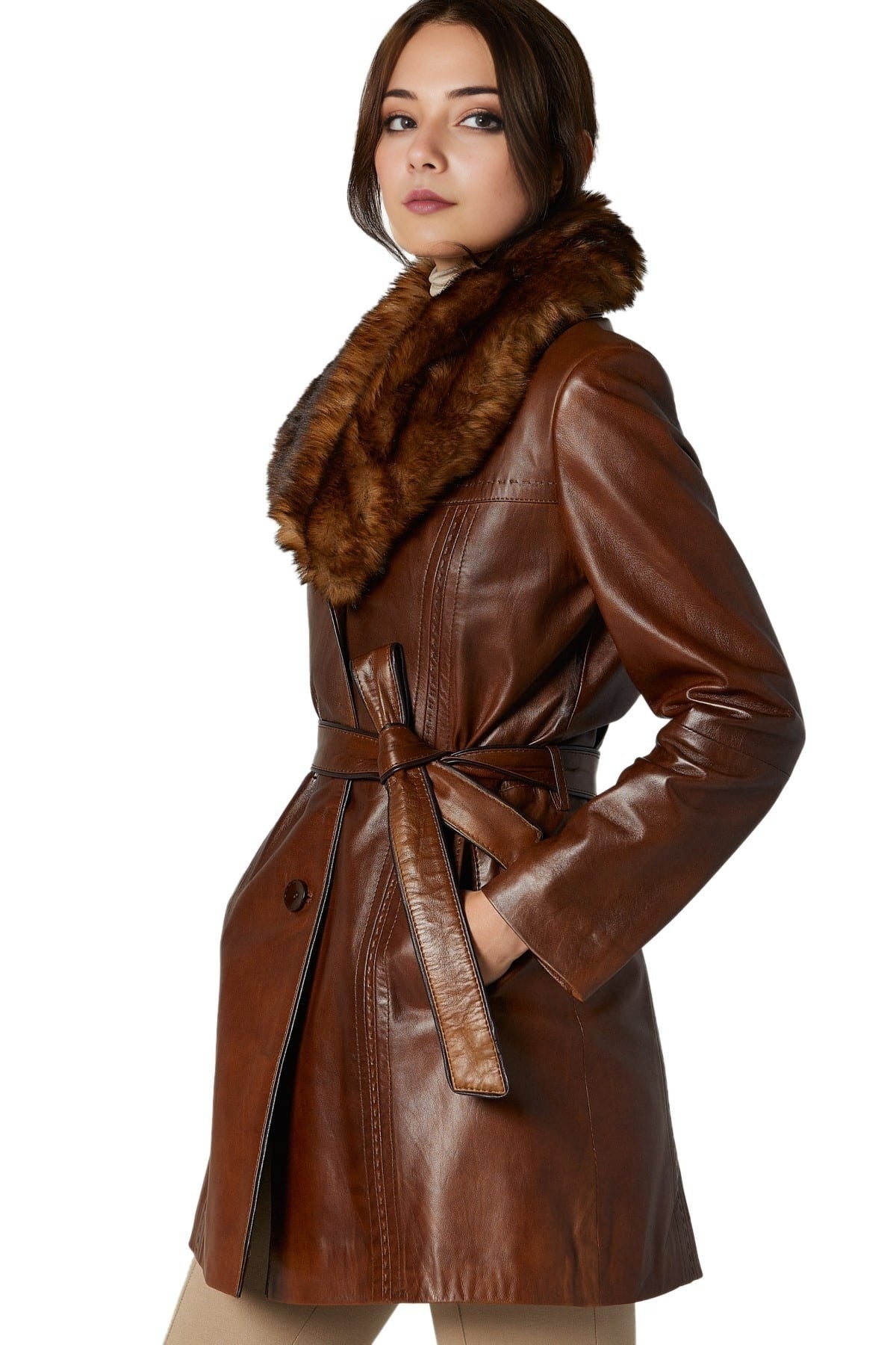 Nancy Brown Leather Coat With Fur Collar For Women