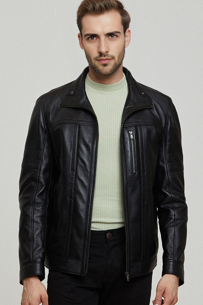 Bruno Black Leather Jacket For Men