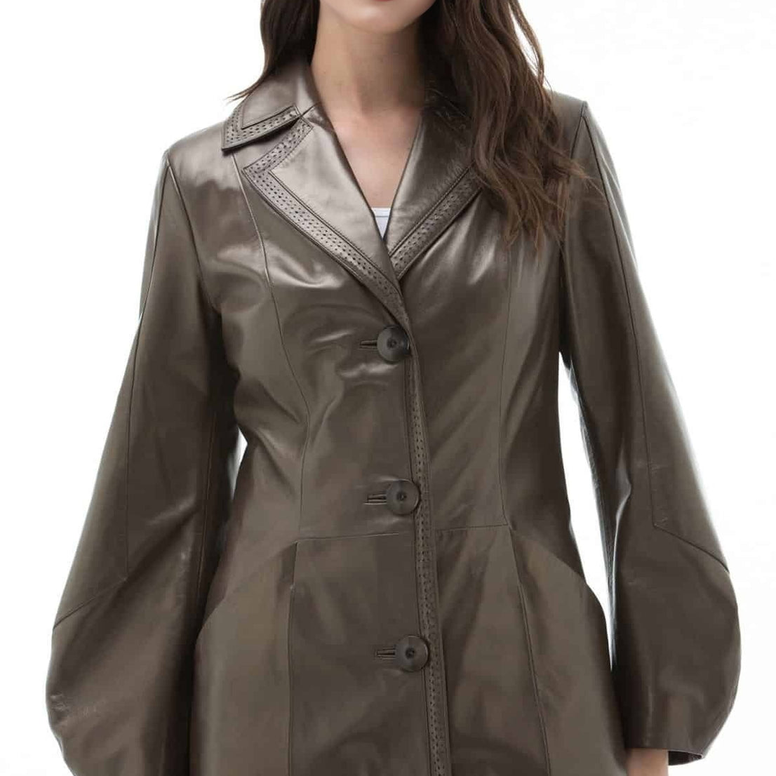 Annie Bronze Long Leather Coat For Women