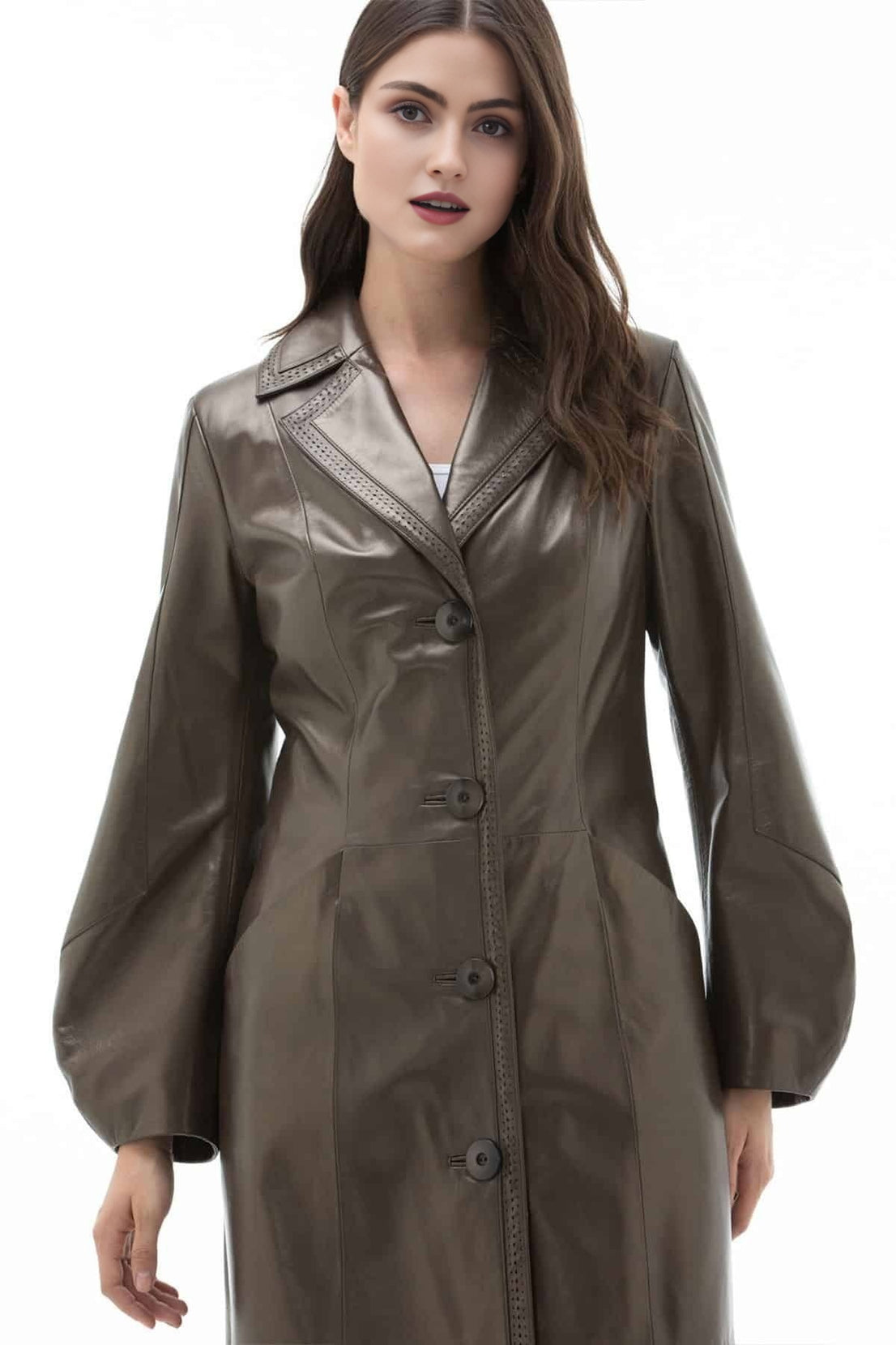 Annie Bronze Long Leather Coat For Women