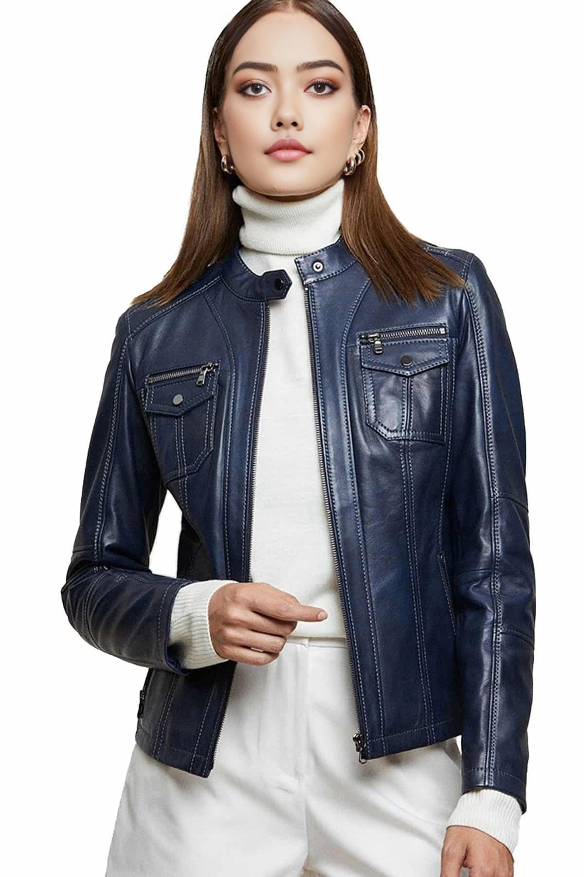 Aurora Blue Leather Jacket For Women