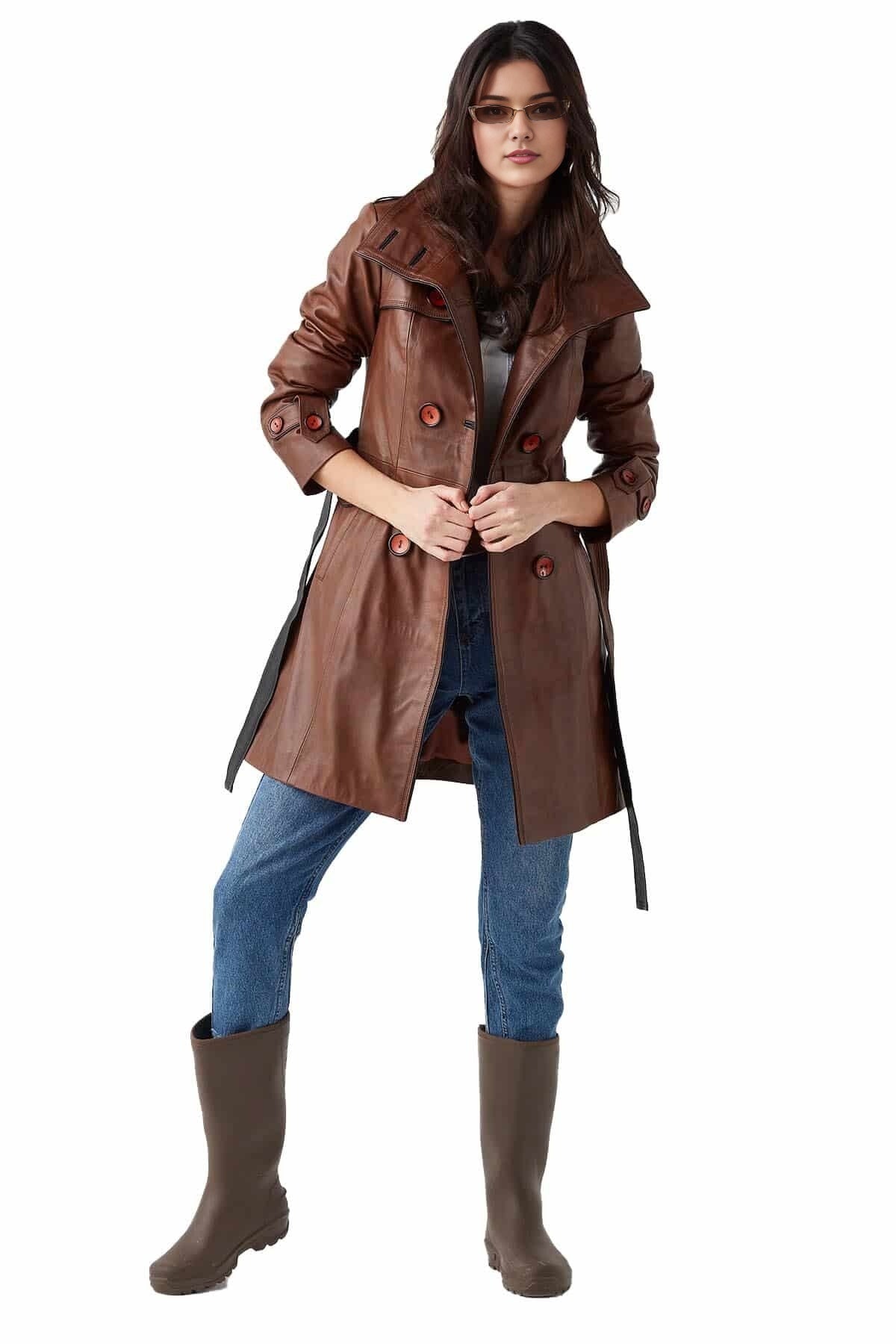 Olivia Brown Leather Coat For Women