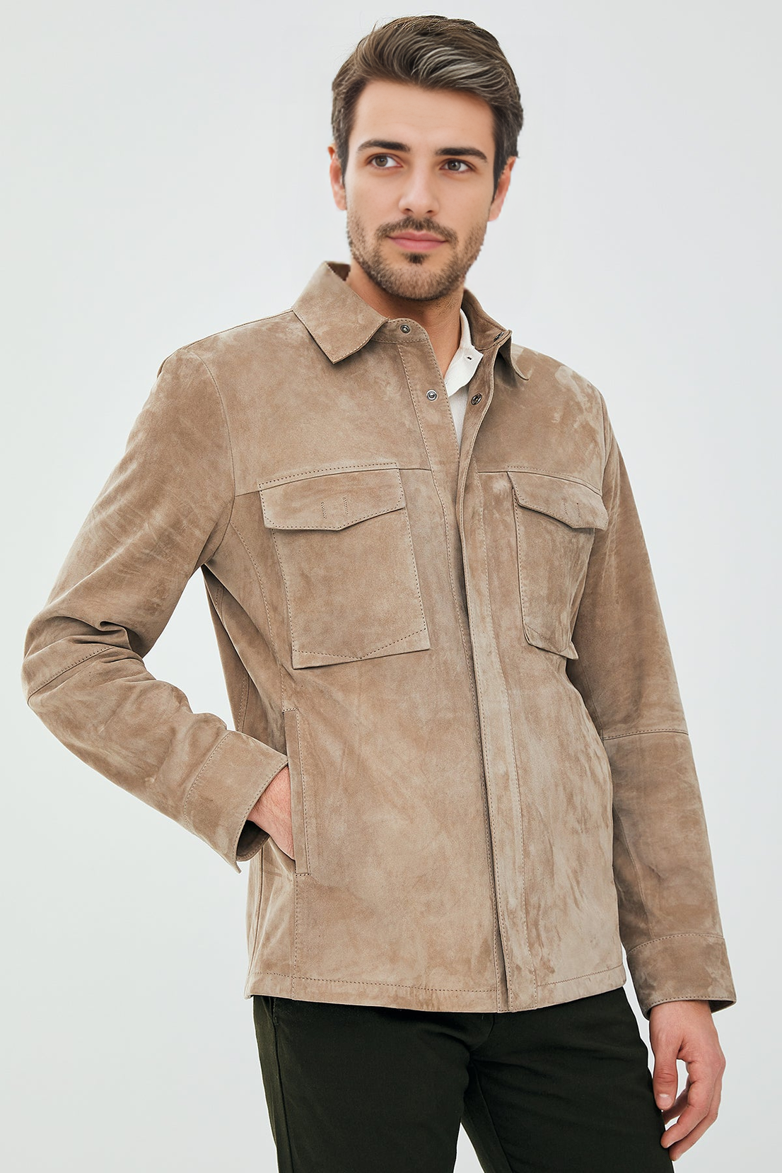 Navas Beige Shirt Style Suede Leather Jacket For Men