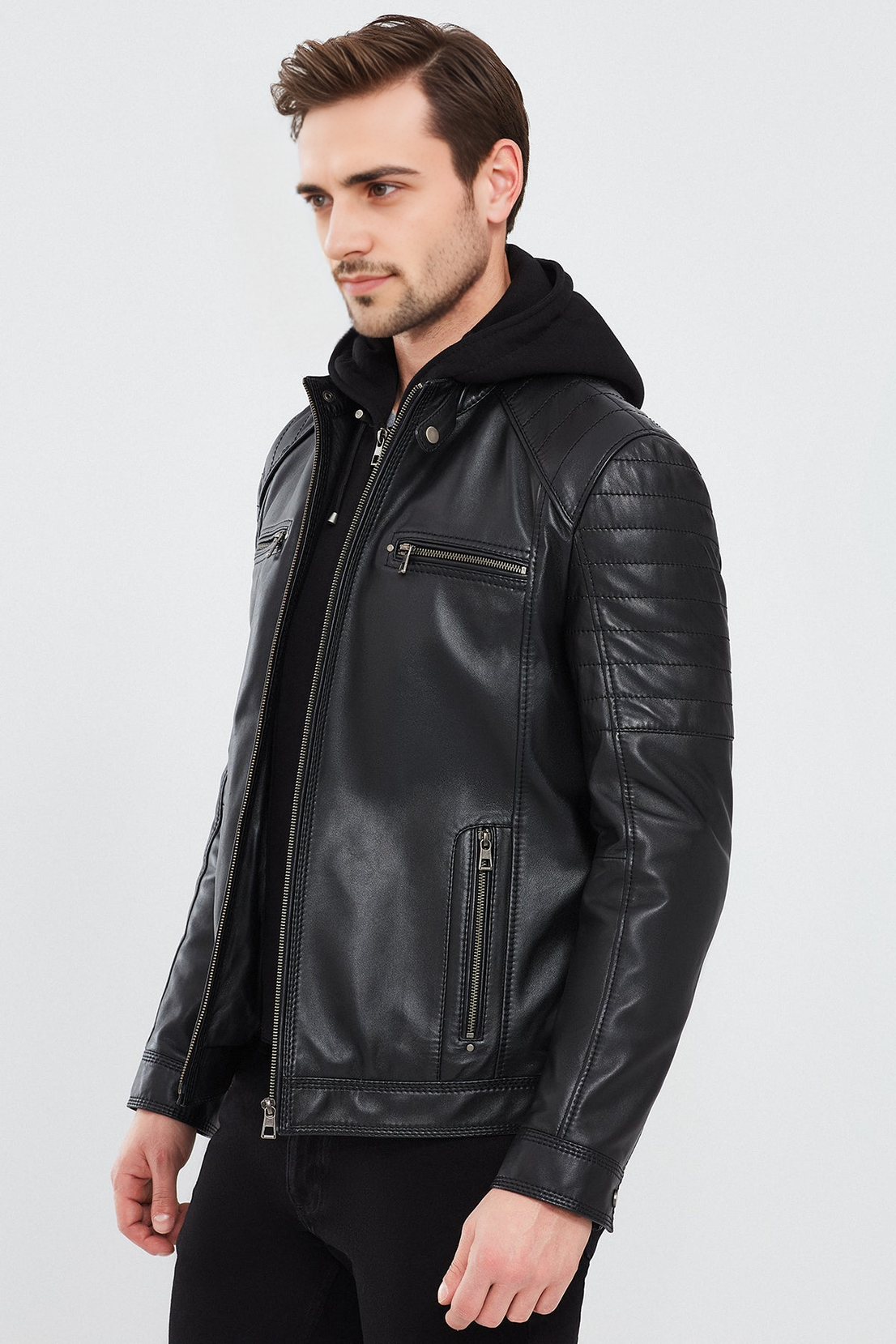 Sergio Black Hooded Sports Leather Jacket For Men