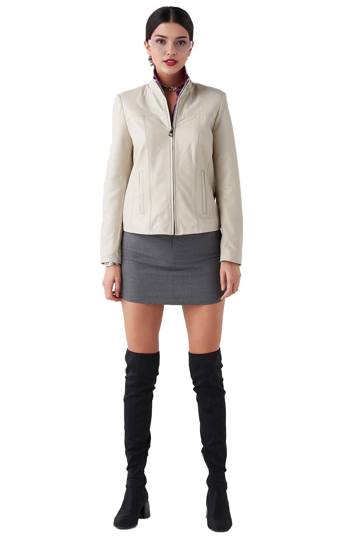 Caraline Beige Stylish Leather Jacket For Women