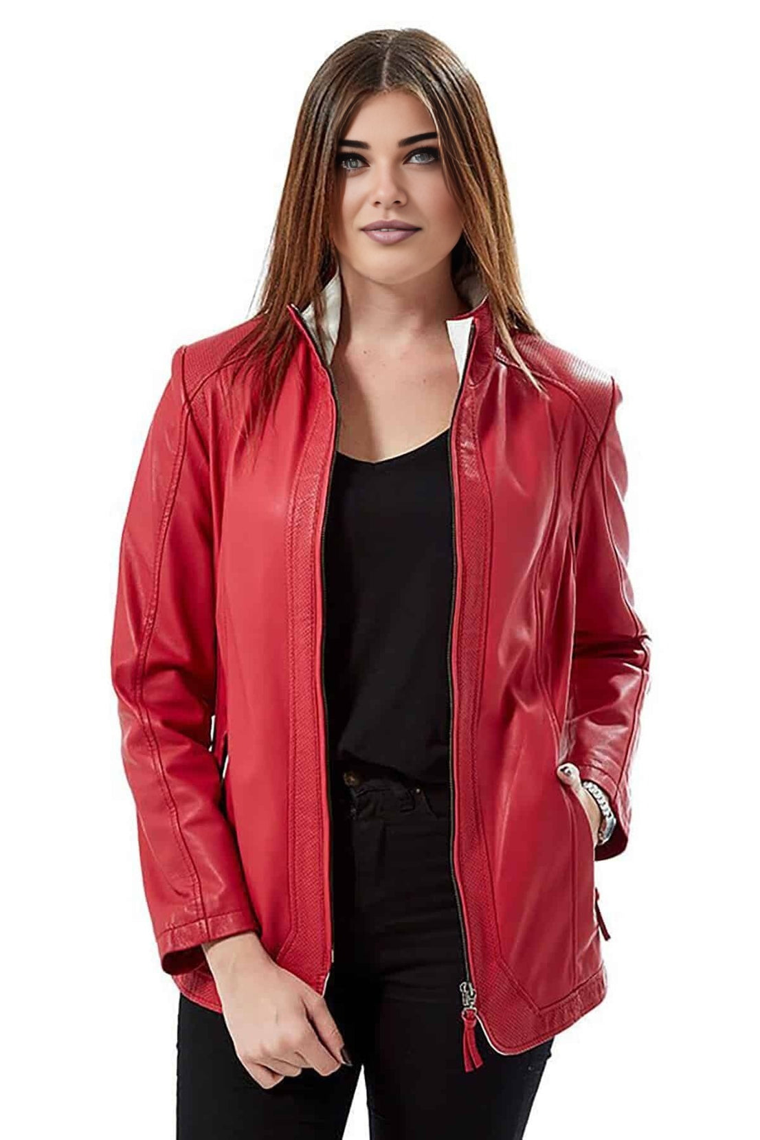 Brooklyn Red Slim Fit Leather Jacket For Women