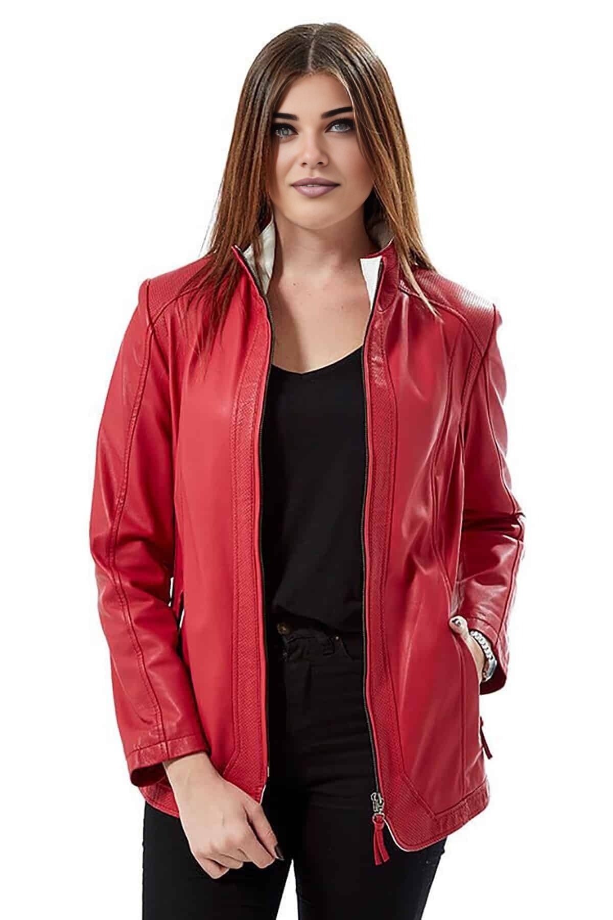 Brooklyn Red Slim Fit Leather Jacket For Women