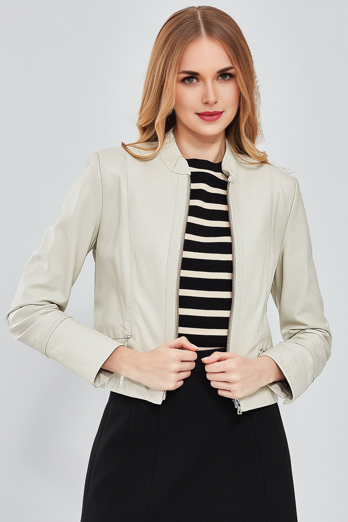 Viola Beige Short Leather Jacket For Women