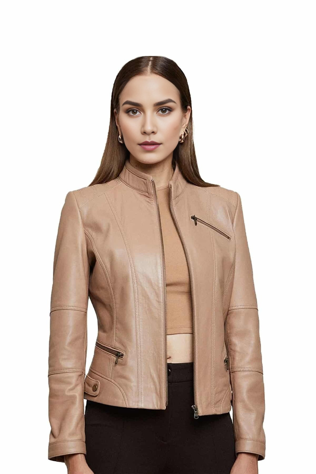 Barbara Fossil Tan Sheep Skin Leather Jacket For Women