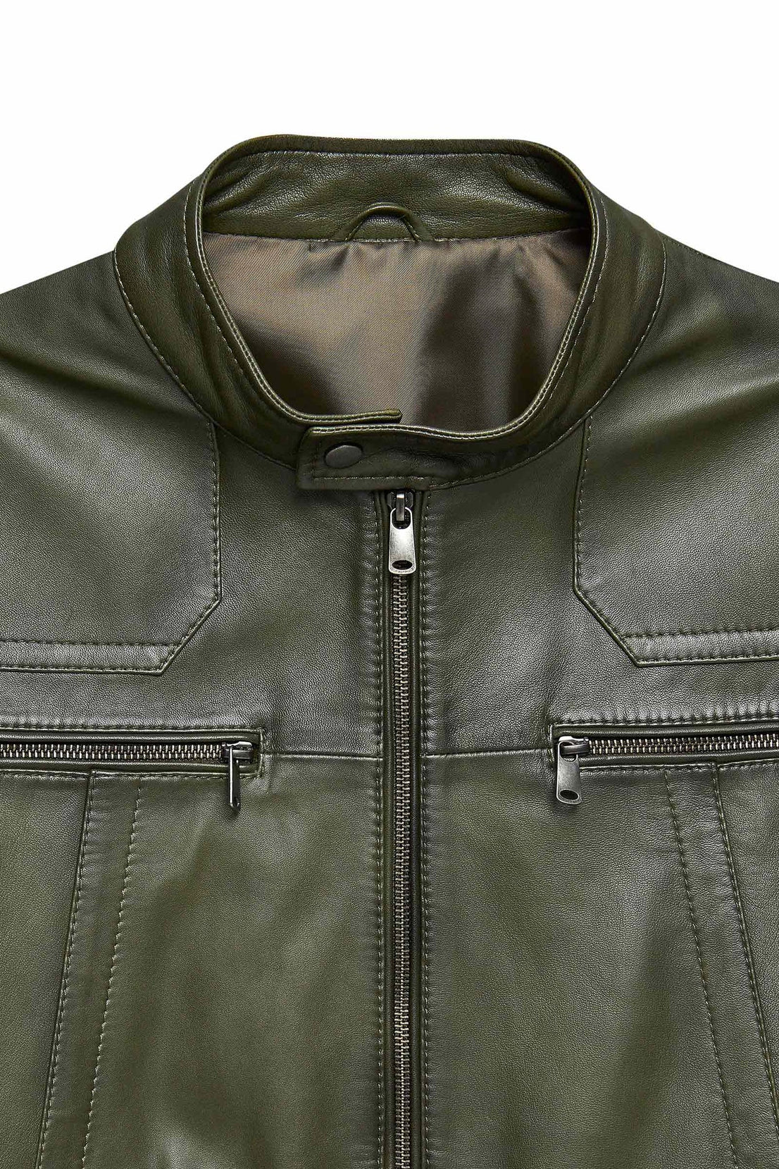 Lucas Khaki Mandarin Collar Leather Jacket For Men