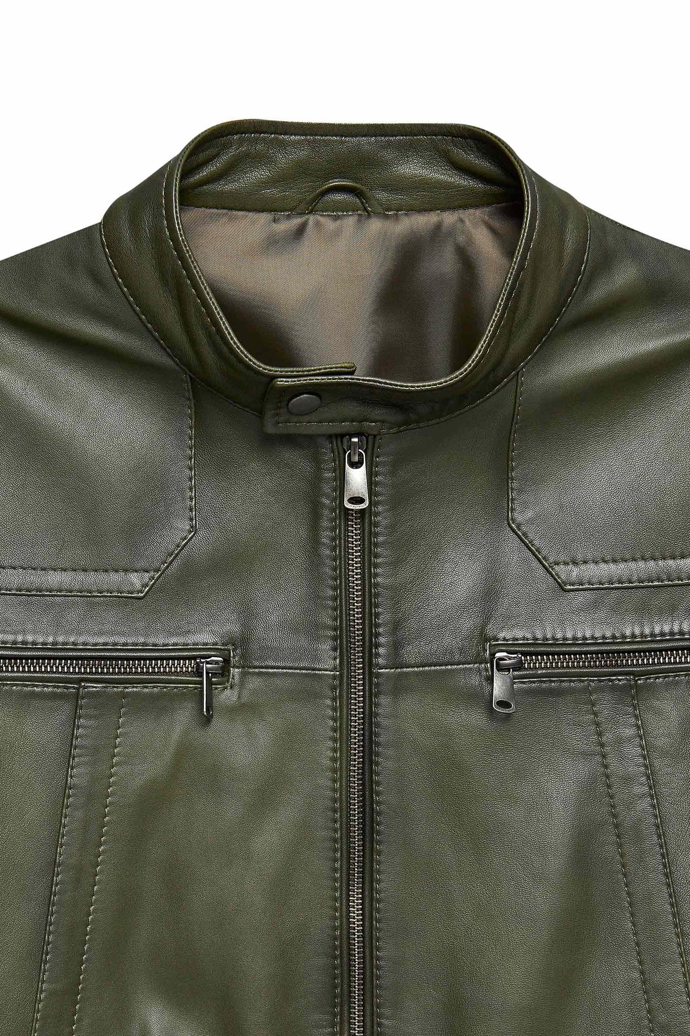 Lucas Khaki Mandarin Collar Leather Jacket For Men