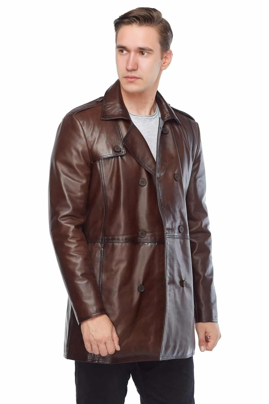 Nathan Brown Trench Leather Coat For Men