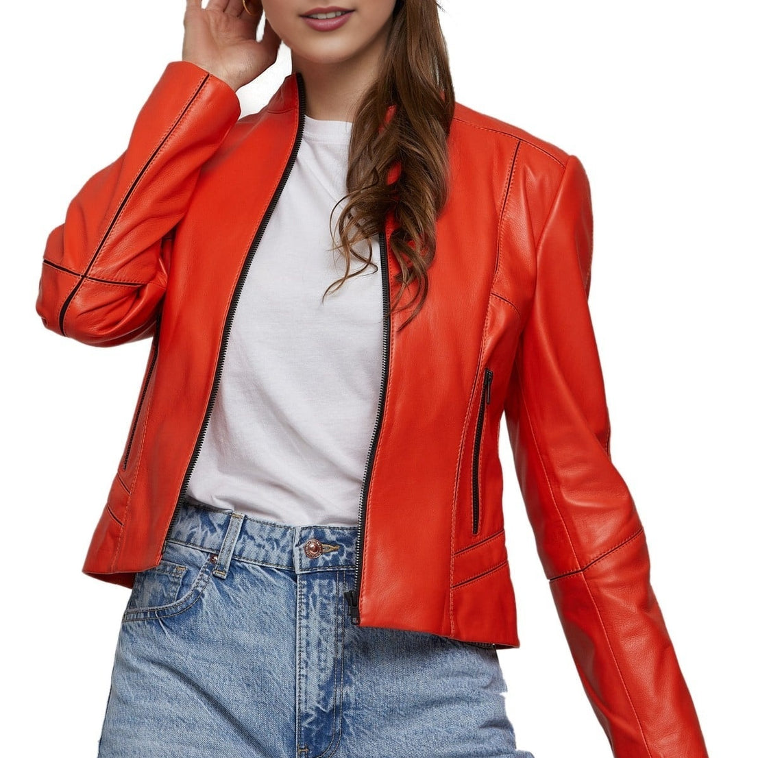 Selena Gomez Orange Cafe Racer Leather Jacket For Women