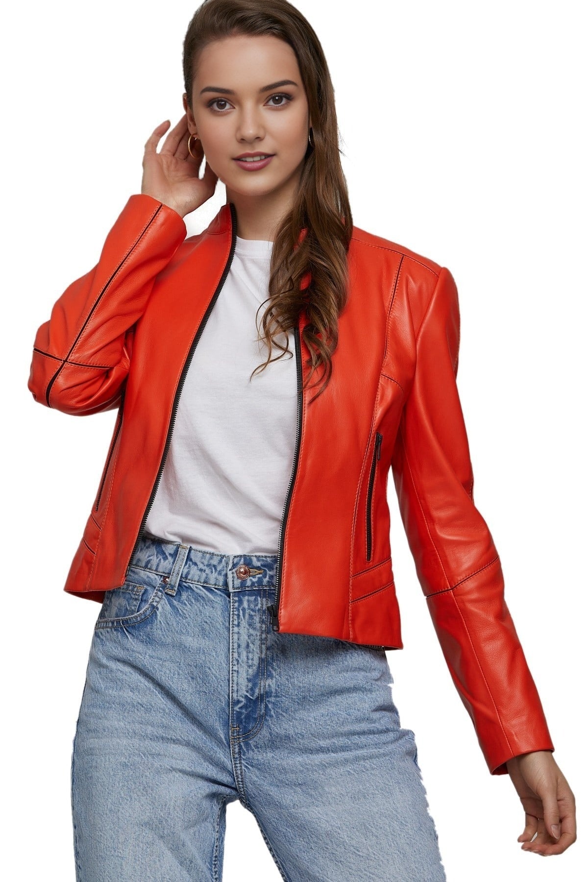 Selena Gomez Orange Cafe Racer Leather Jacket For Women