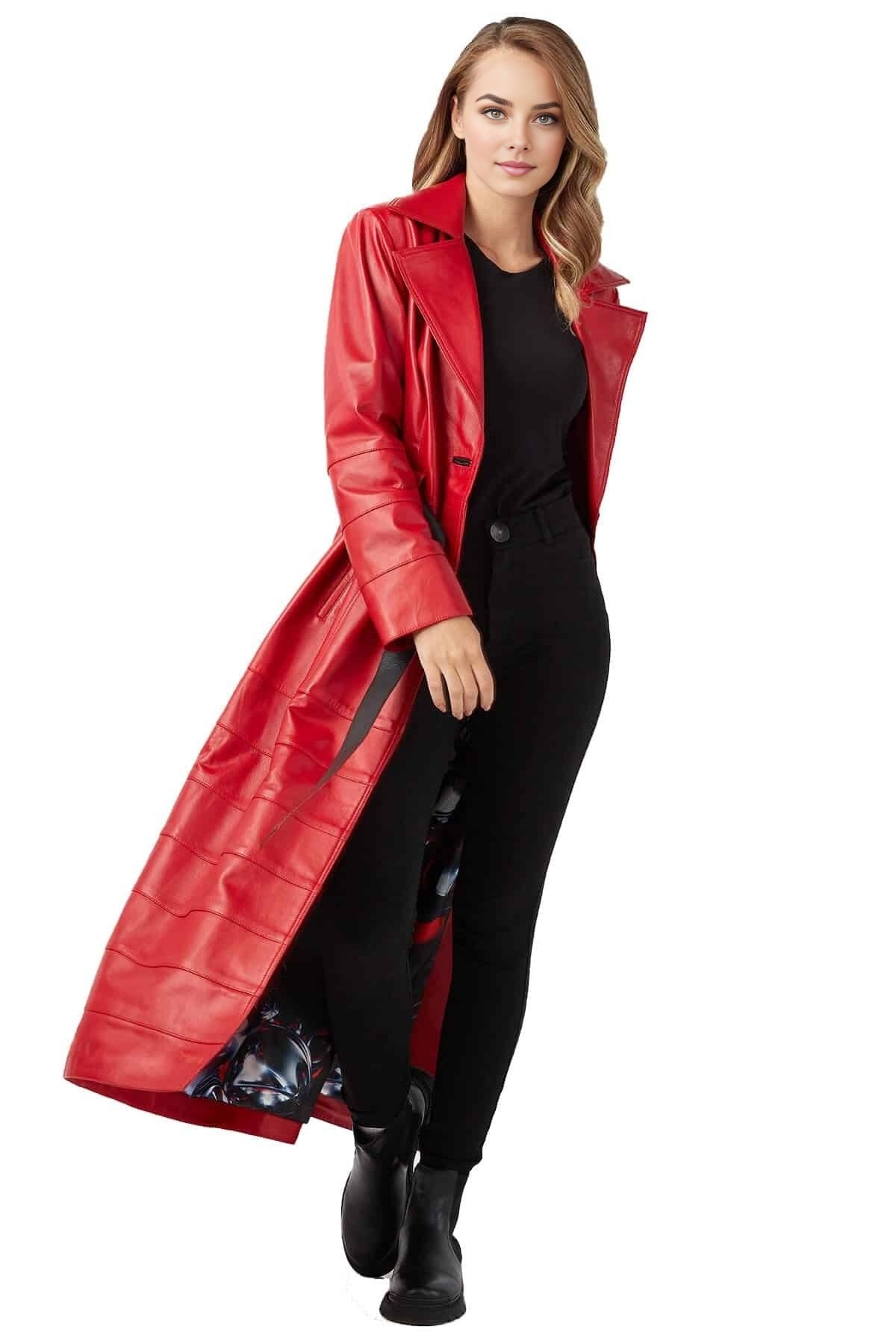 Kirsten Trench Red Long Leather Coat For Women