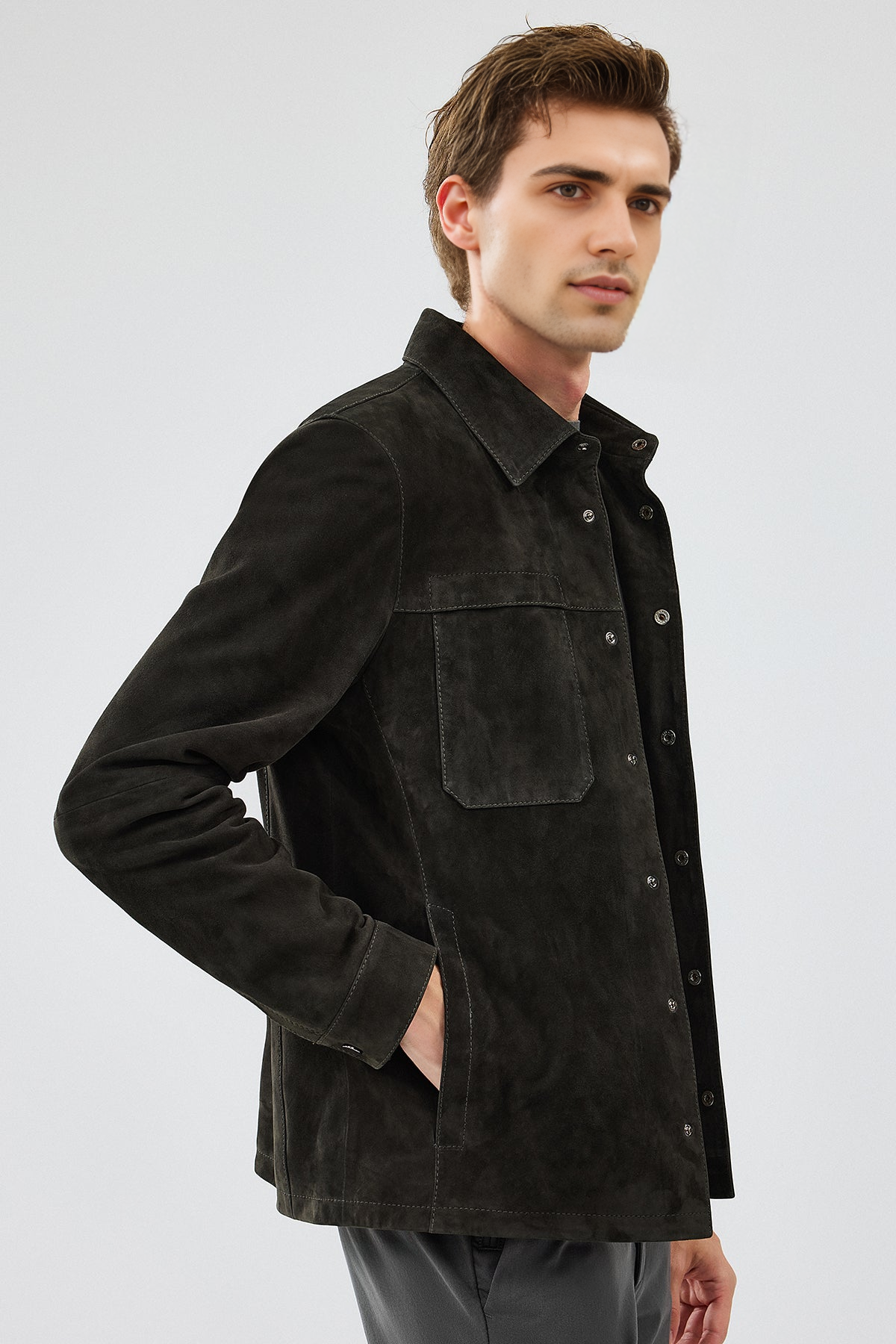 Enzo Anthracite Shirt Collar Suede Leather Jacket For Men