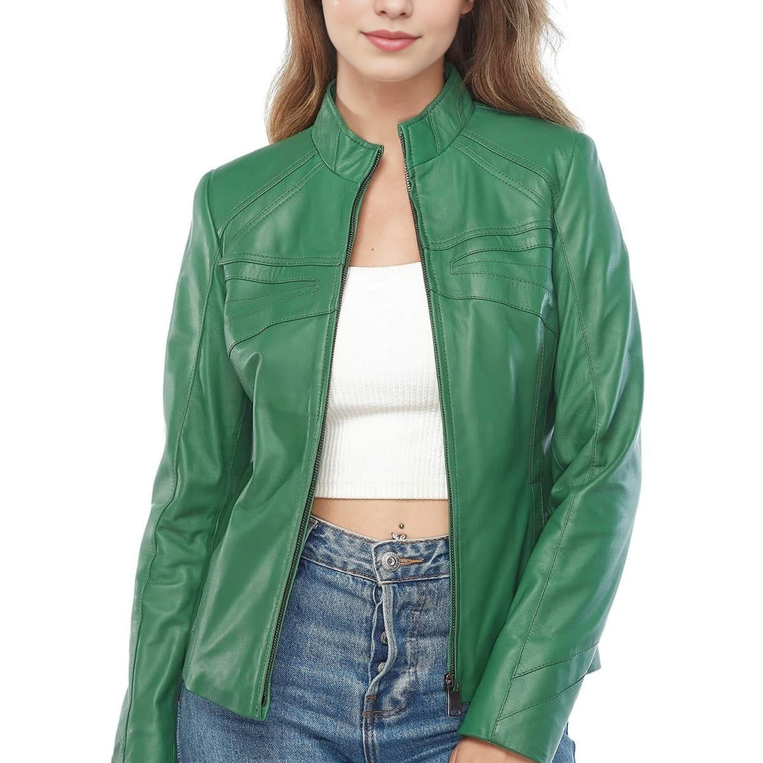 Melody Green Biker Leather Jacket For Women