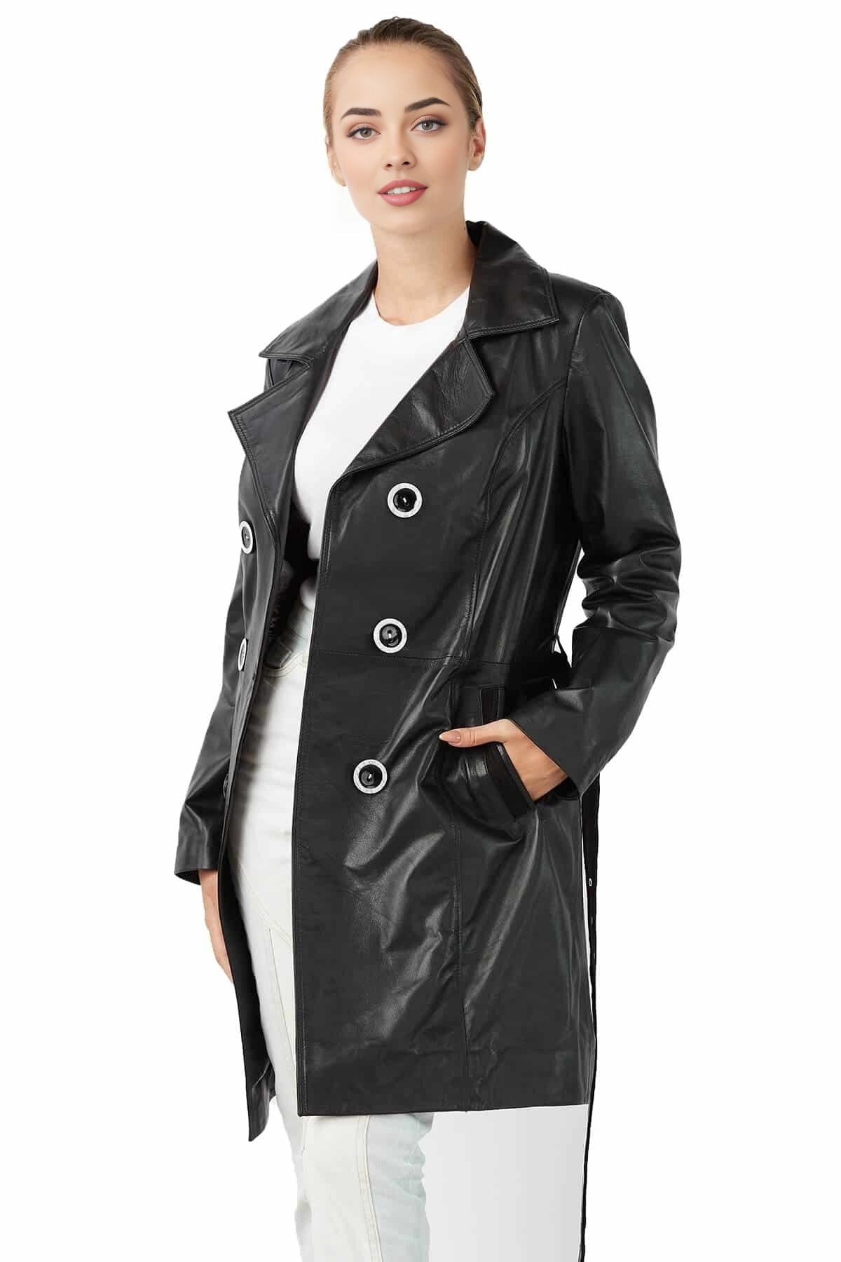 Eliza Black Leather Coat For Women