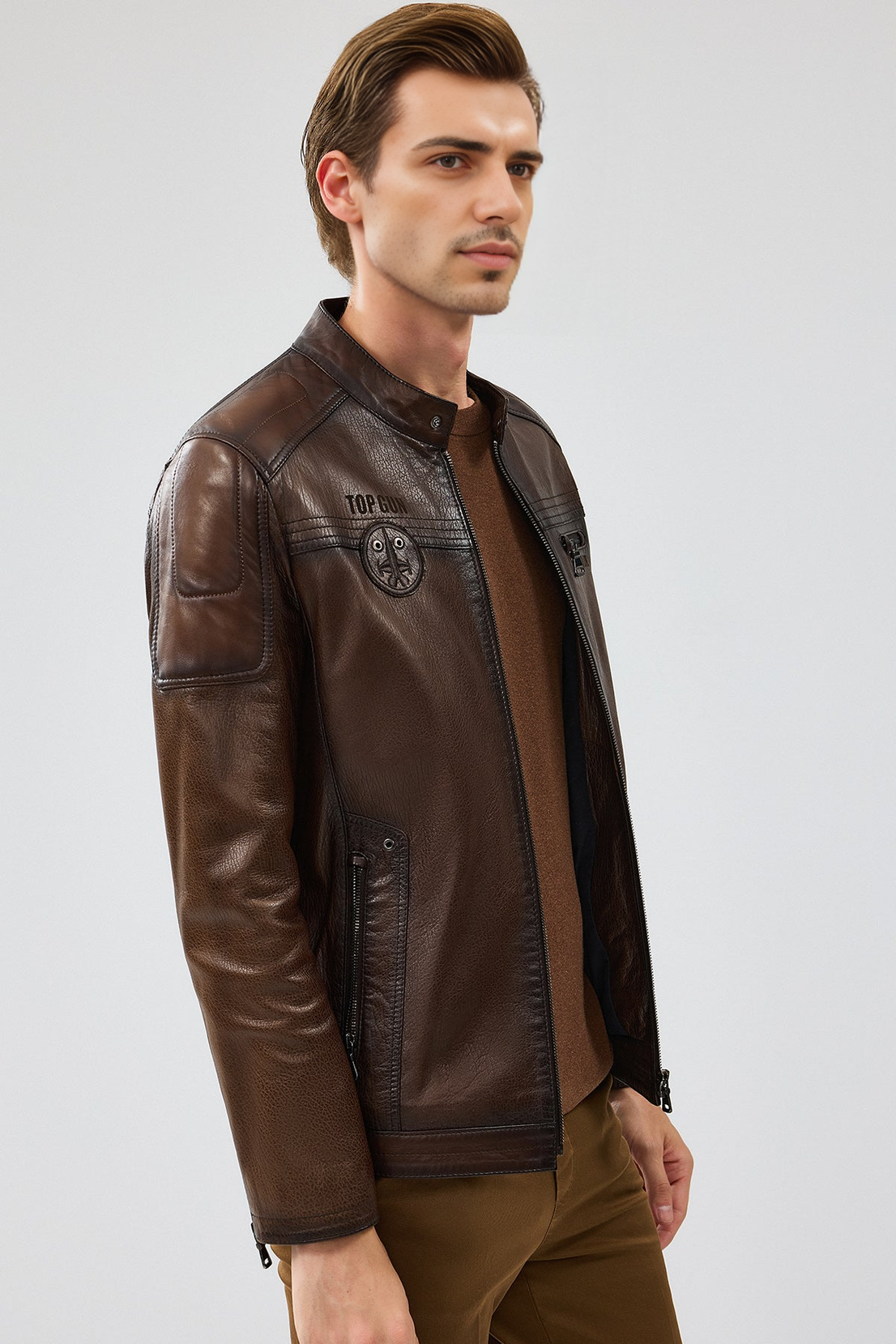 Kawhi Brown Slim-Fit Leather Jacket with Emblem For Men