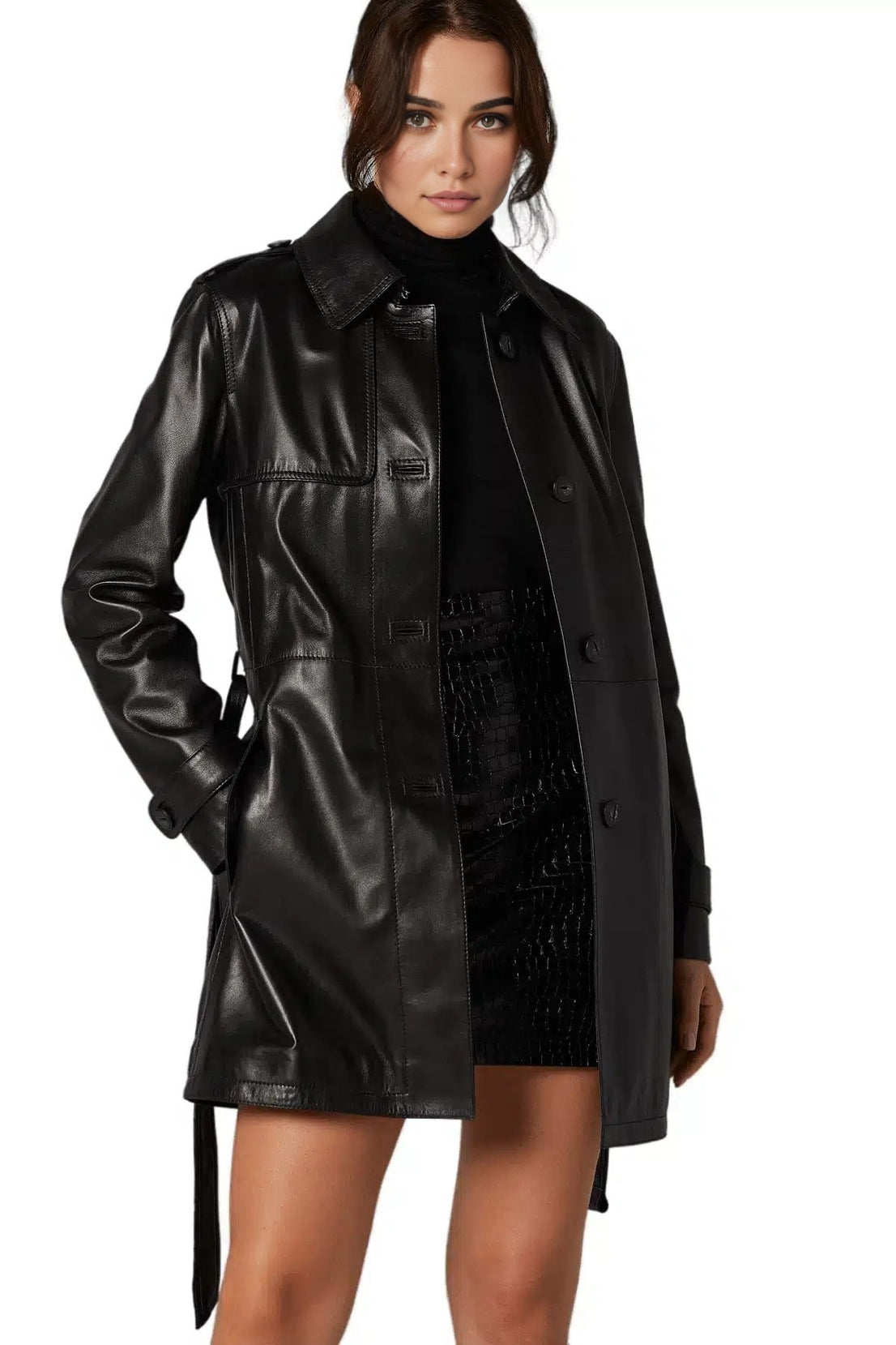 Julia Black Stylish Leather Coat For Women